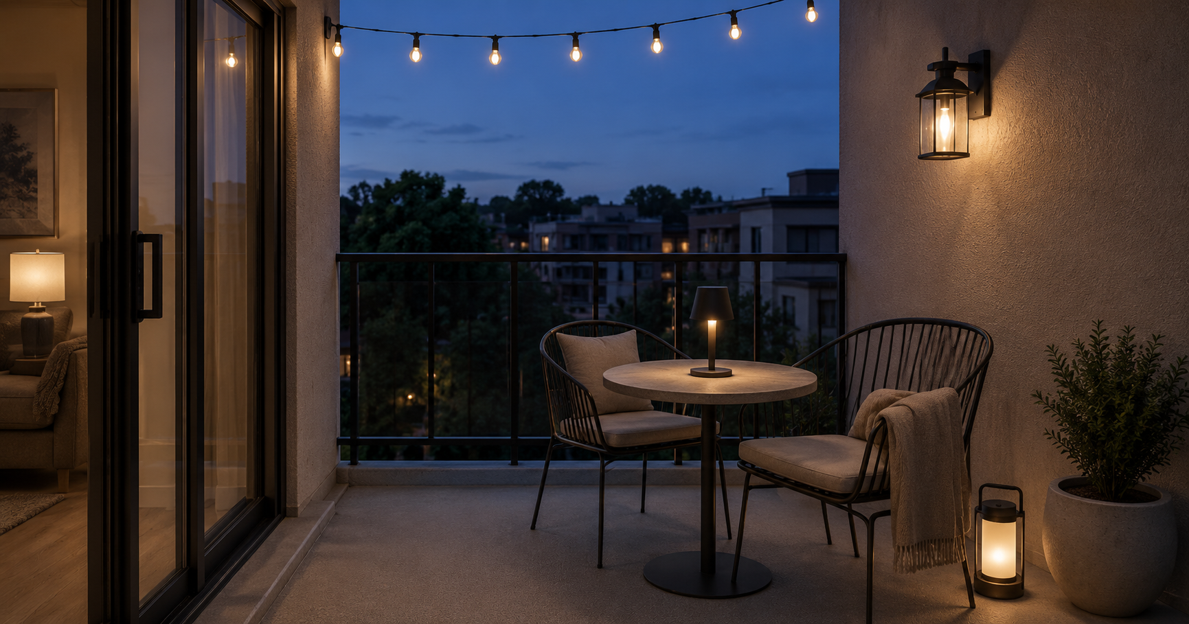 Compact apartment balcony with string lights, a wall lantern, cordless table lamp and portable floor lantern at blue hour.