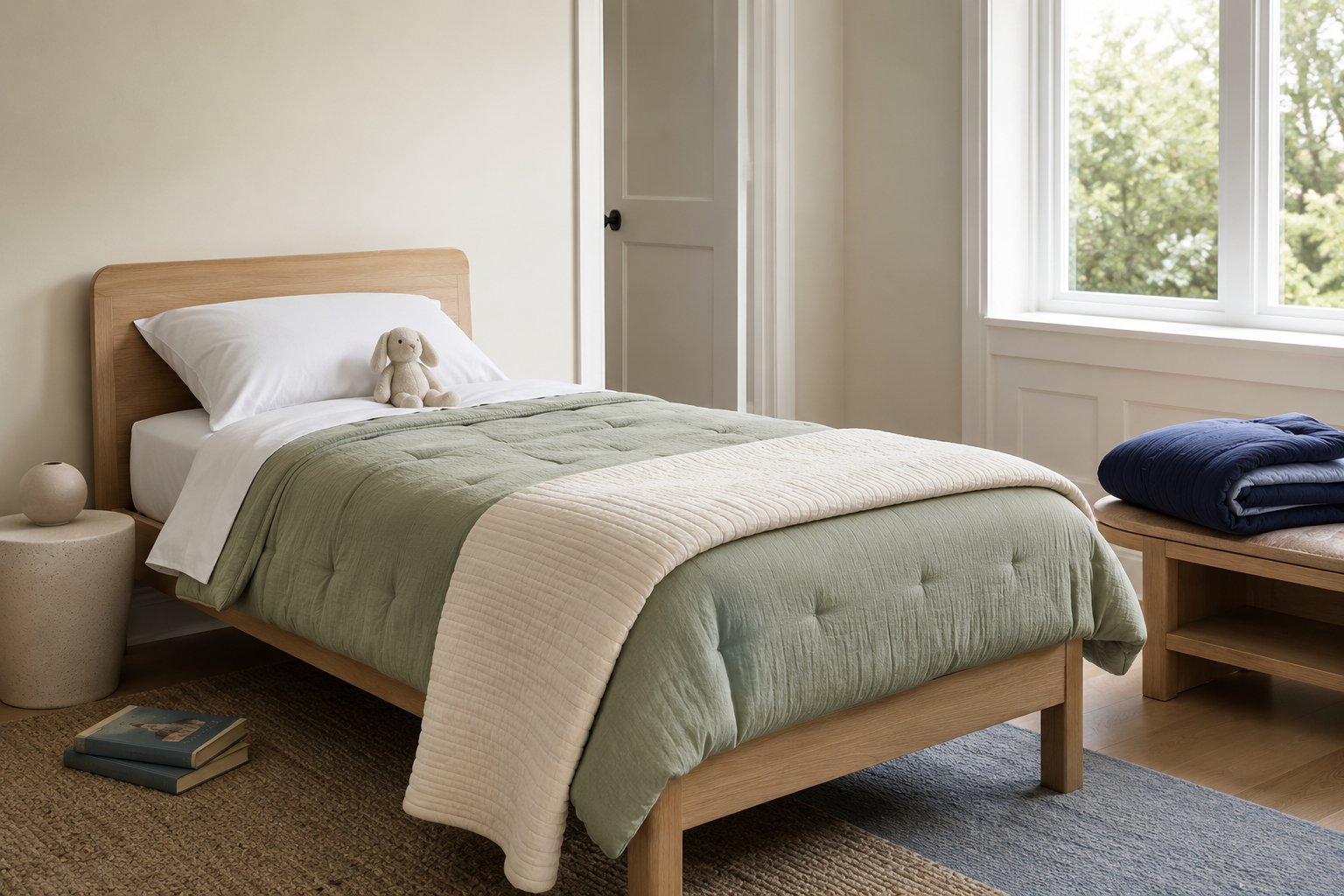 Pale oak twin bed layered with white sheets, a sage comforter, ivory quilt and folded navy duvet.