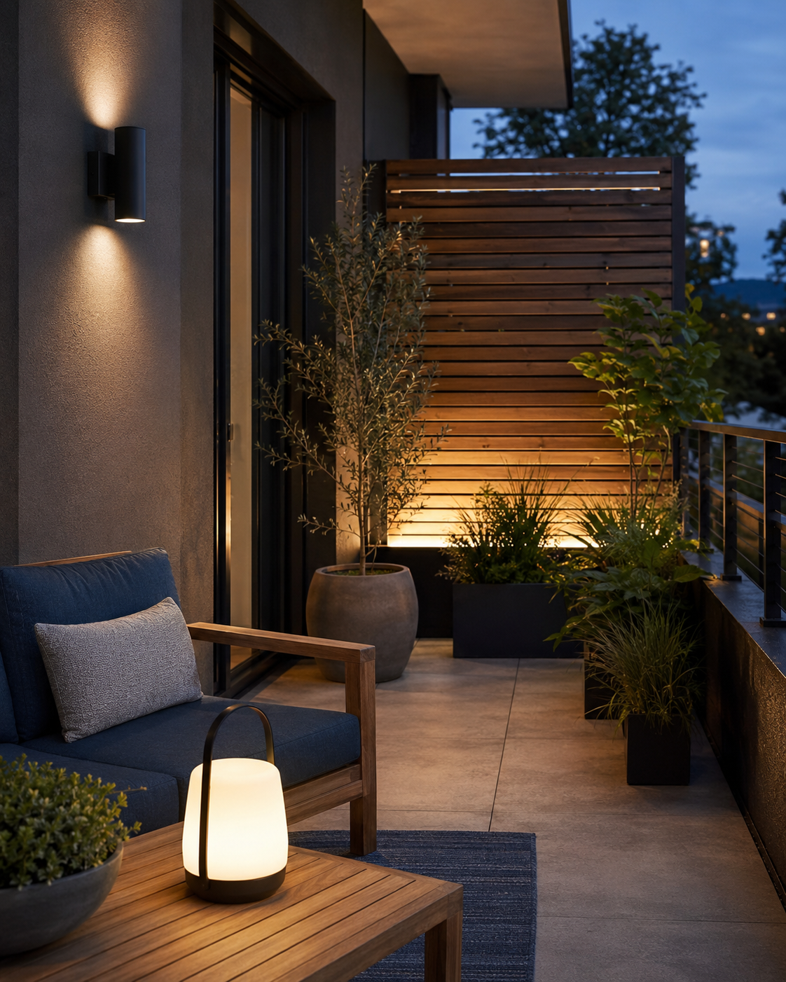 Balcony lighting with a wall sconce, rechargeable lantern and illuminated privacy screen