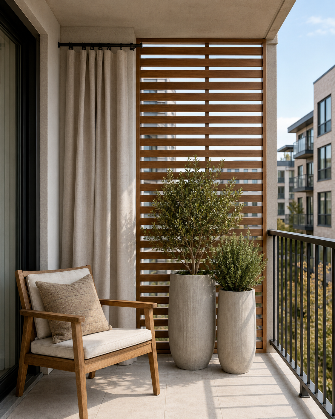 Balcony privacy with a teak slatted screen, outdoor curtain panel, tall planters and lounge chair