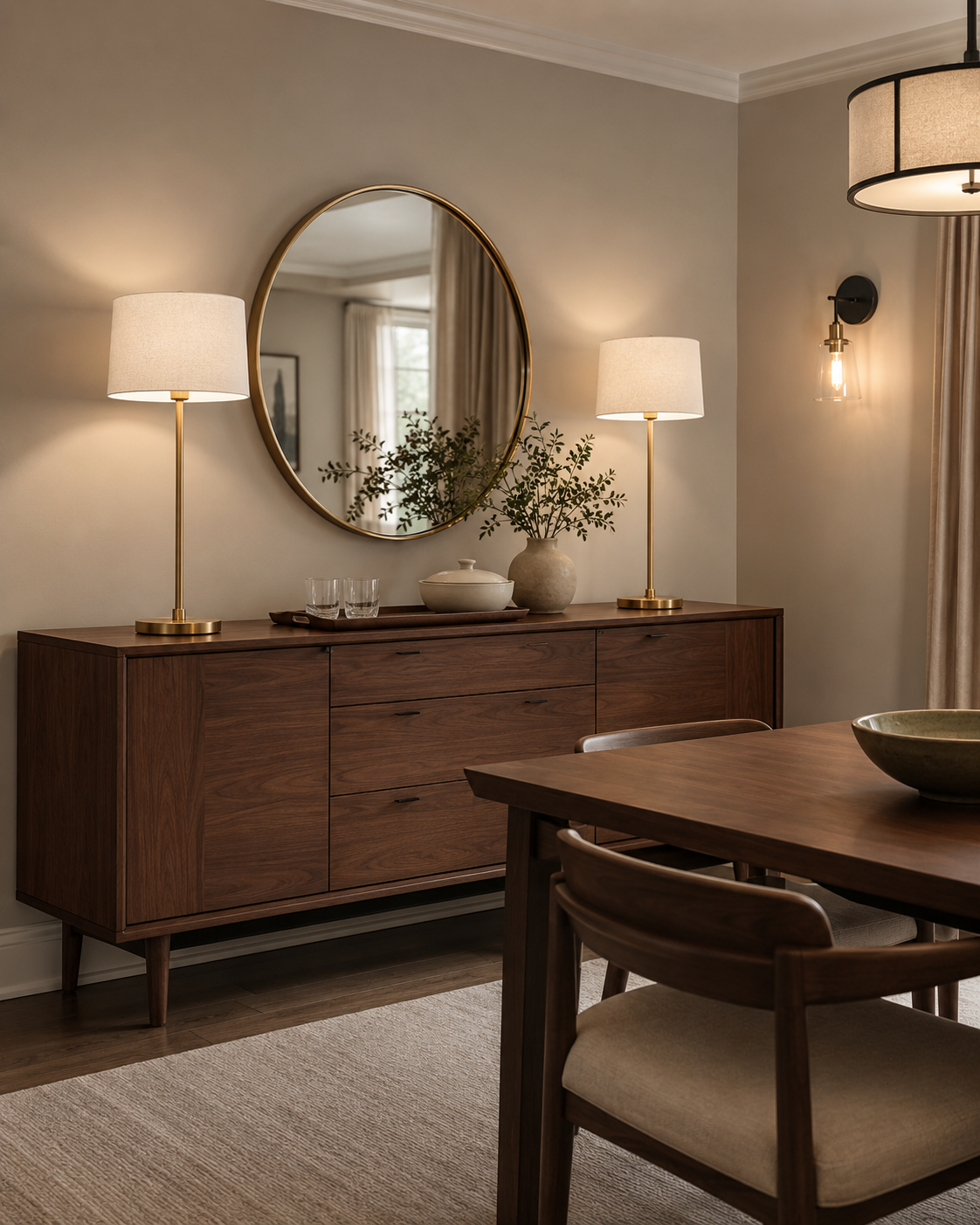 Pair of tall brass buffet lamps and a wall sconce illuminating a walnut dining room sideboard