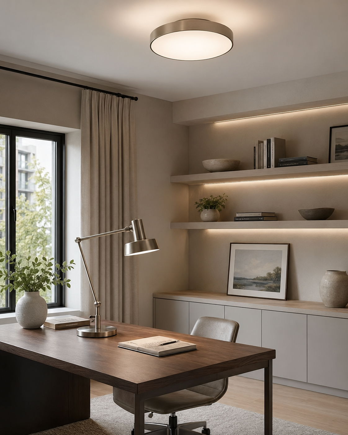 Layered home office lighting with a desk lamp, wall light and floor lamp
