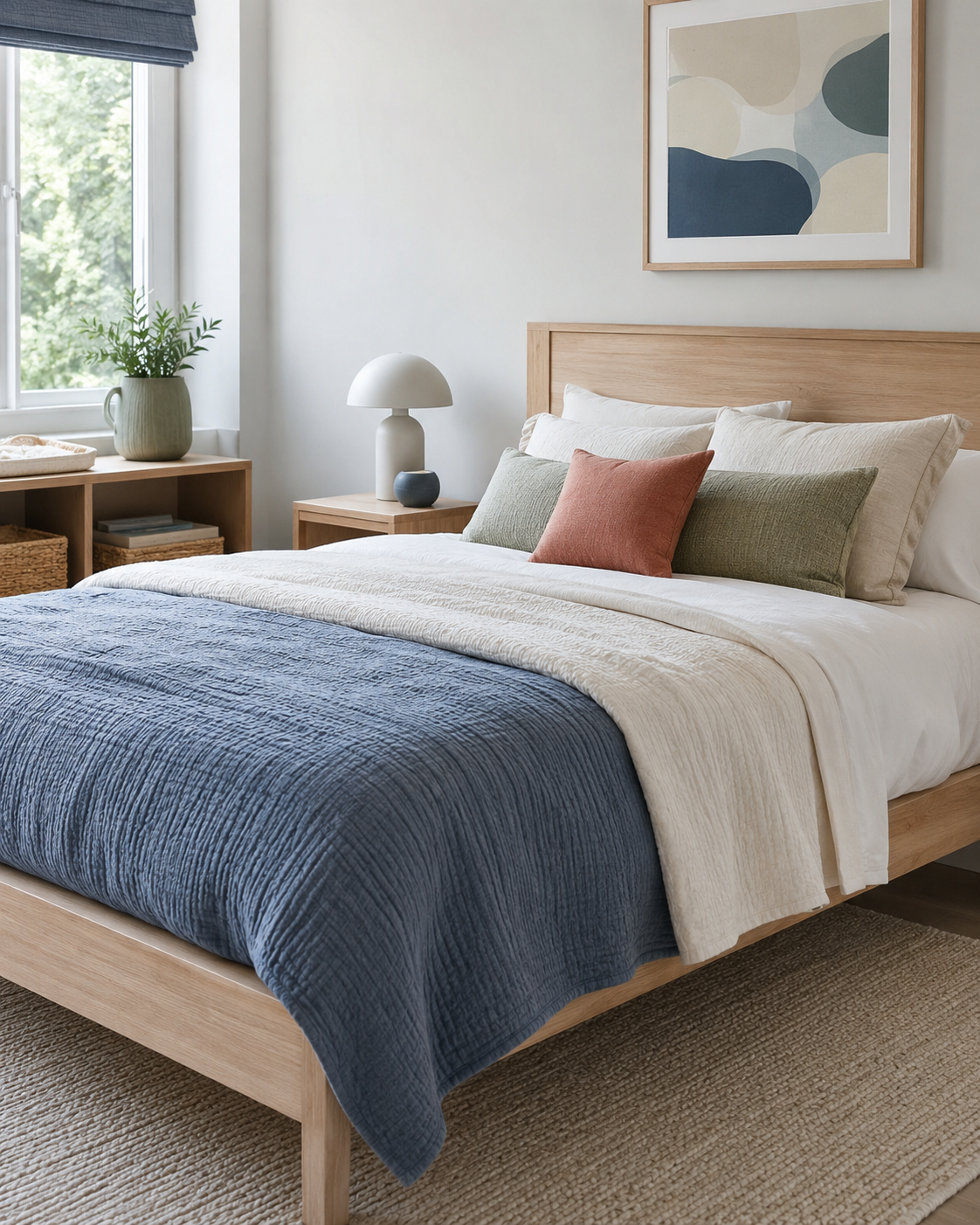 Kids bedding layered with cream, dusty blue and muted sage pillows on a pale oak bed
