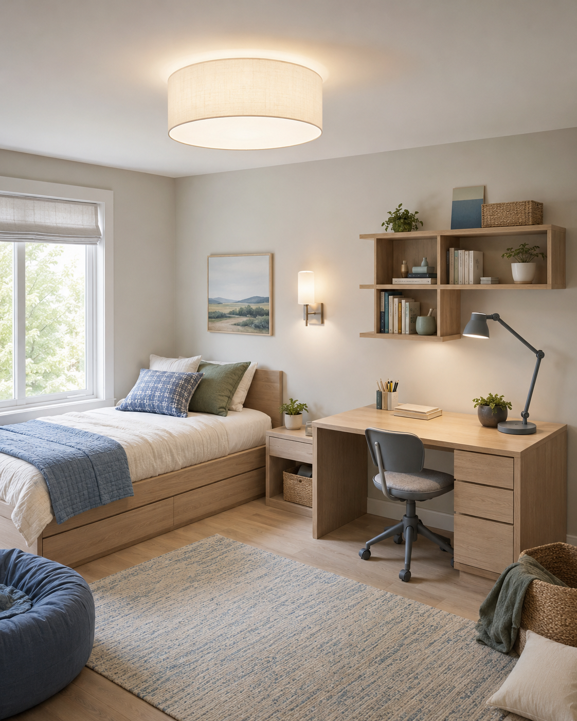 Kids room lighting with a ceiling fixture, bedside lamp and focused study light