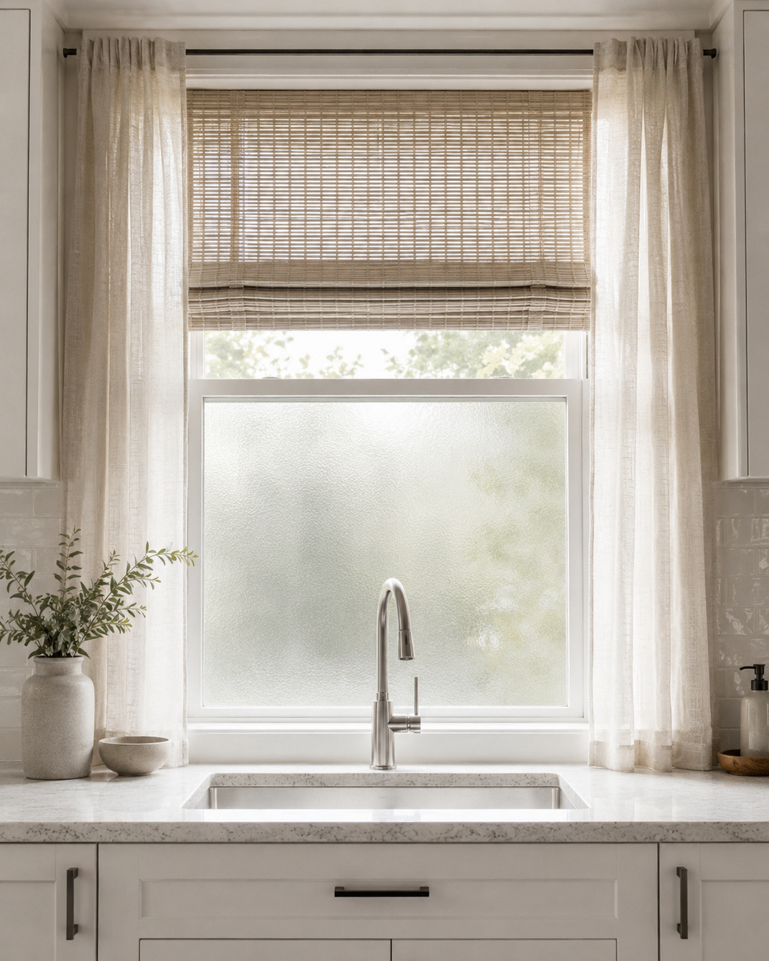 Layered privacy kitchen window with frosted privacy film, woven roman shade, and sheer linen curtains for a bright neutral kitchen