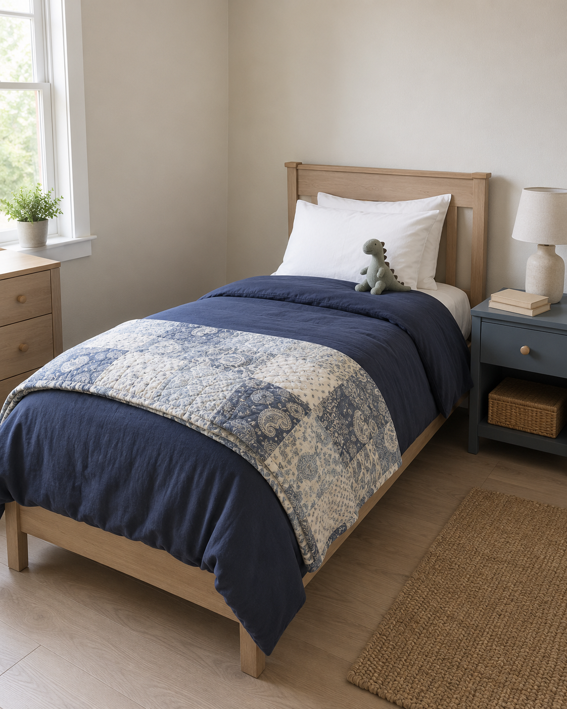 Twin bed layered with a washed navy duvet and blue paisley quilt in a calm storybook kids room.