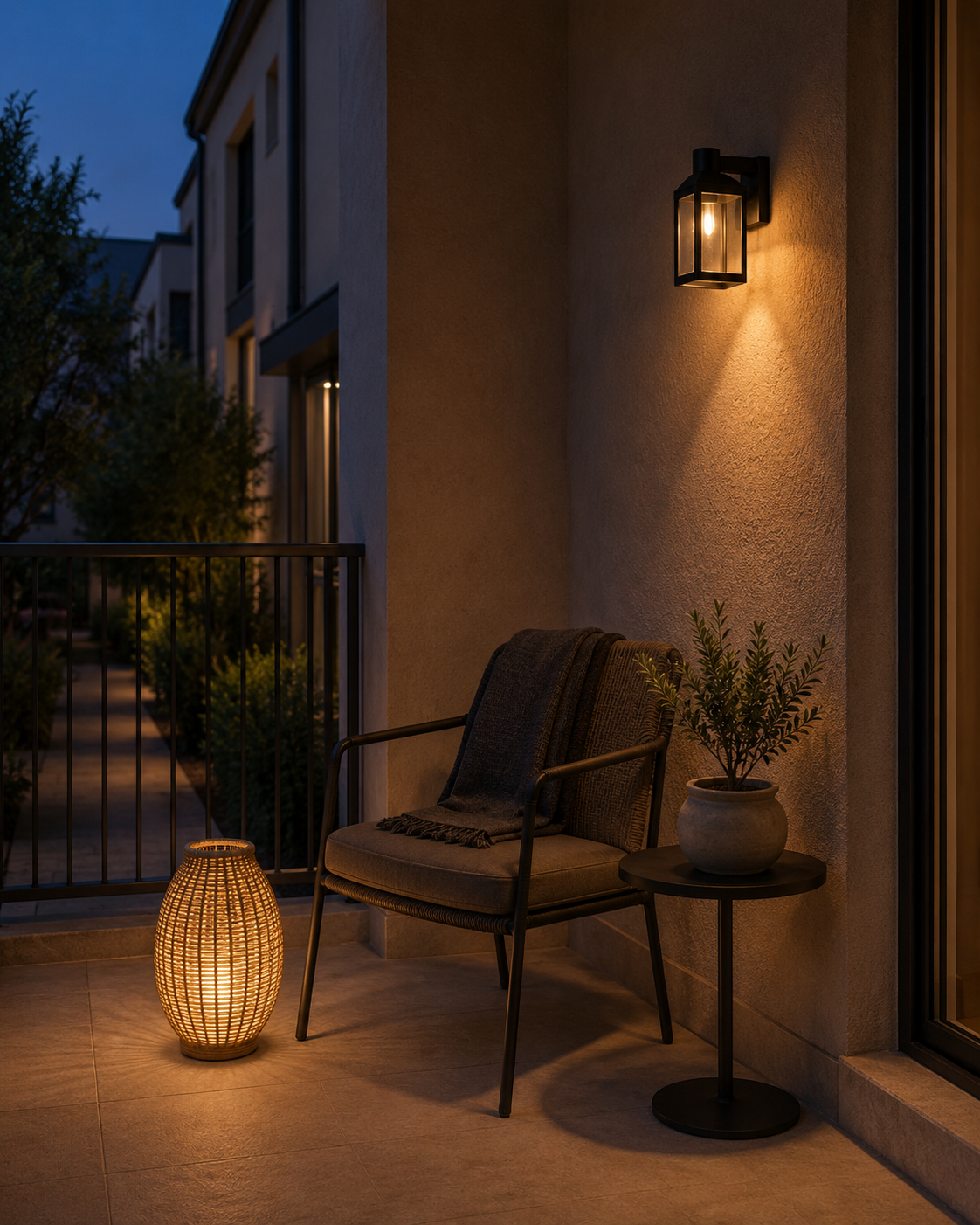 Sheltered balcony corner with a black outdoor wall lantern and woven floor lamp beside a lounge chair.