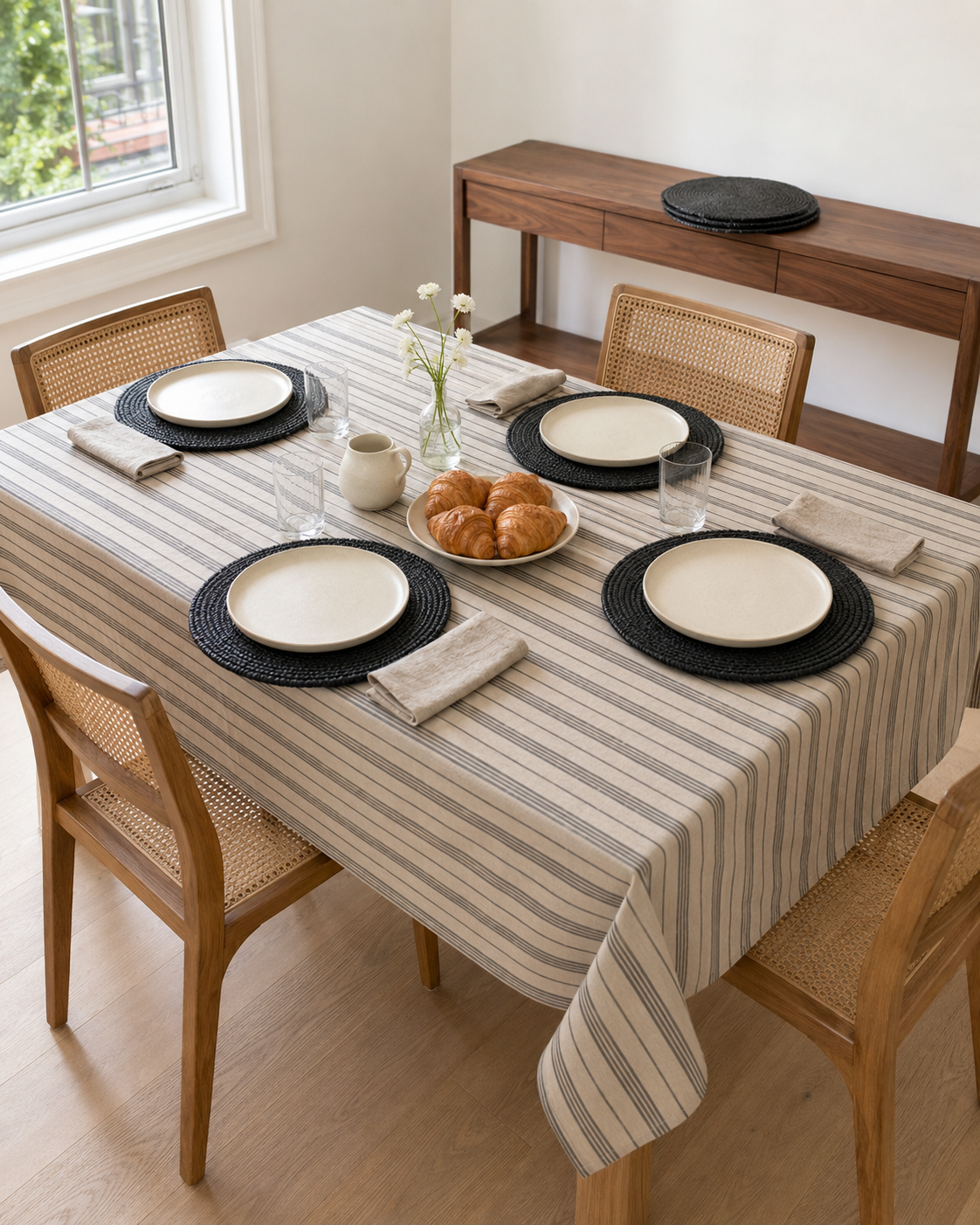 Four-seat brunch table with a striped cotton tablecloth, black woven chargers and cream dinnerware