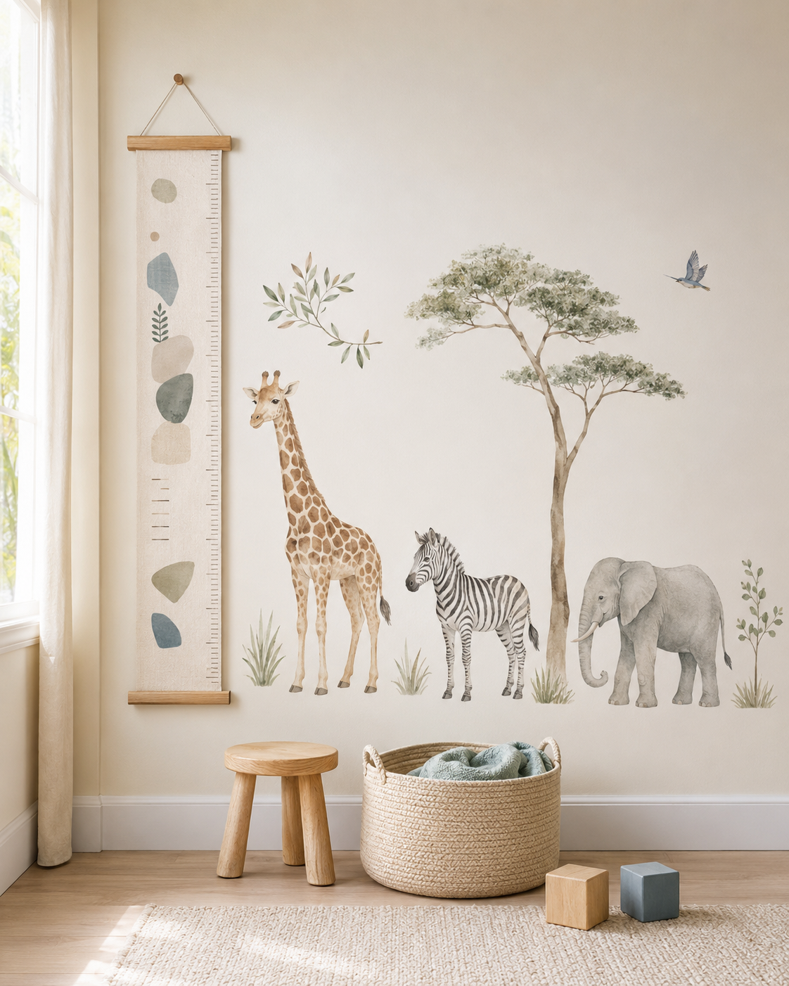 Kids learning wall with hanging growth chart, safari animal decals and educational play accessories