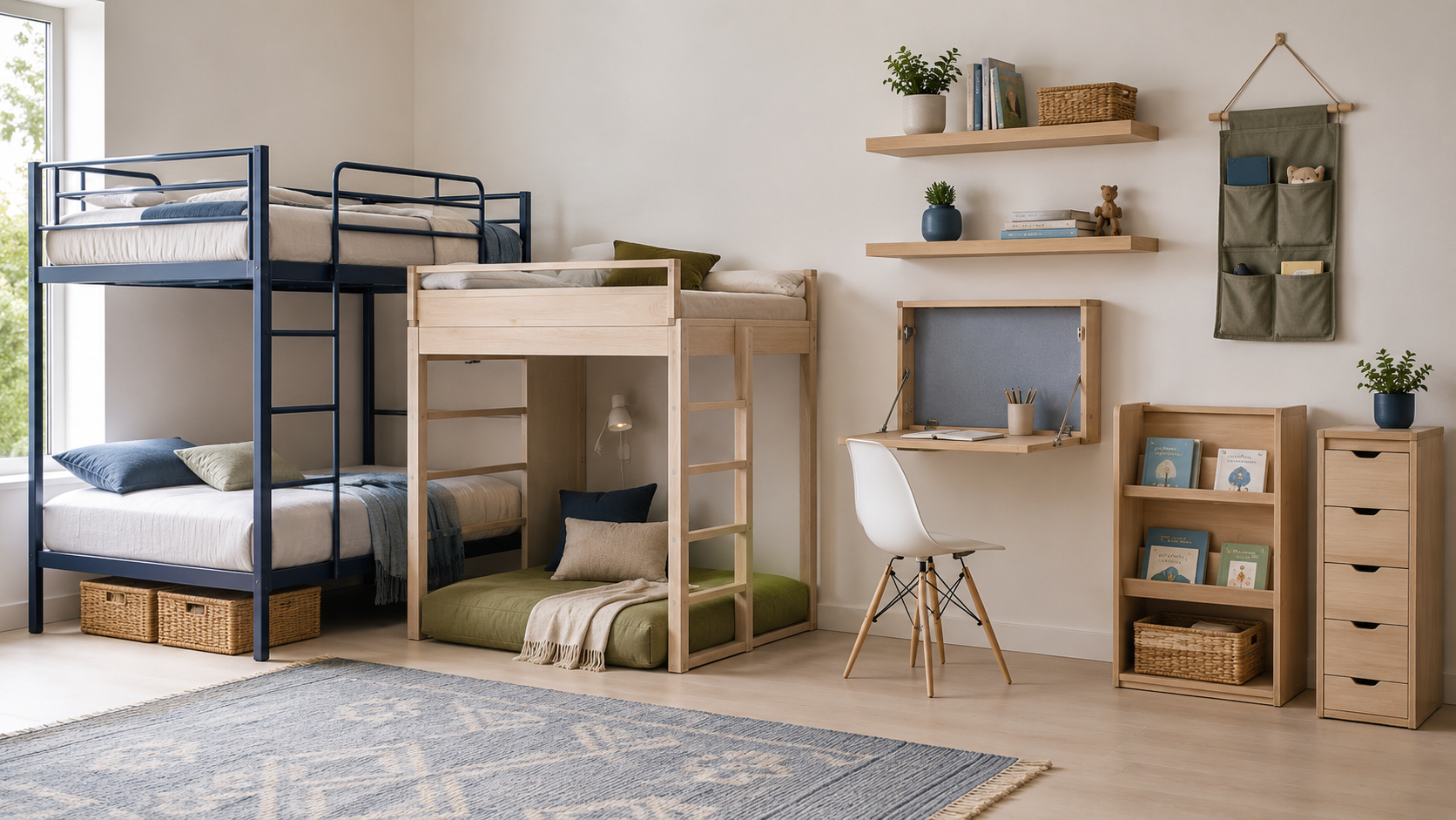 Space-saving kids room with bunk and loft beds, a fold-down desk, floating shelves, hanging organizer and slim storage units.