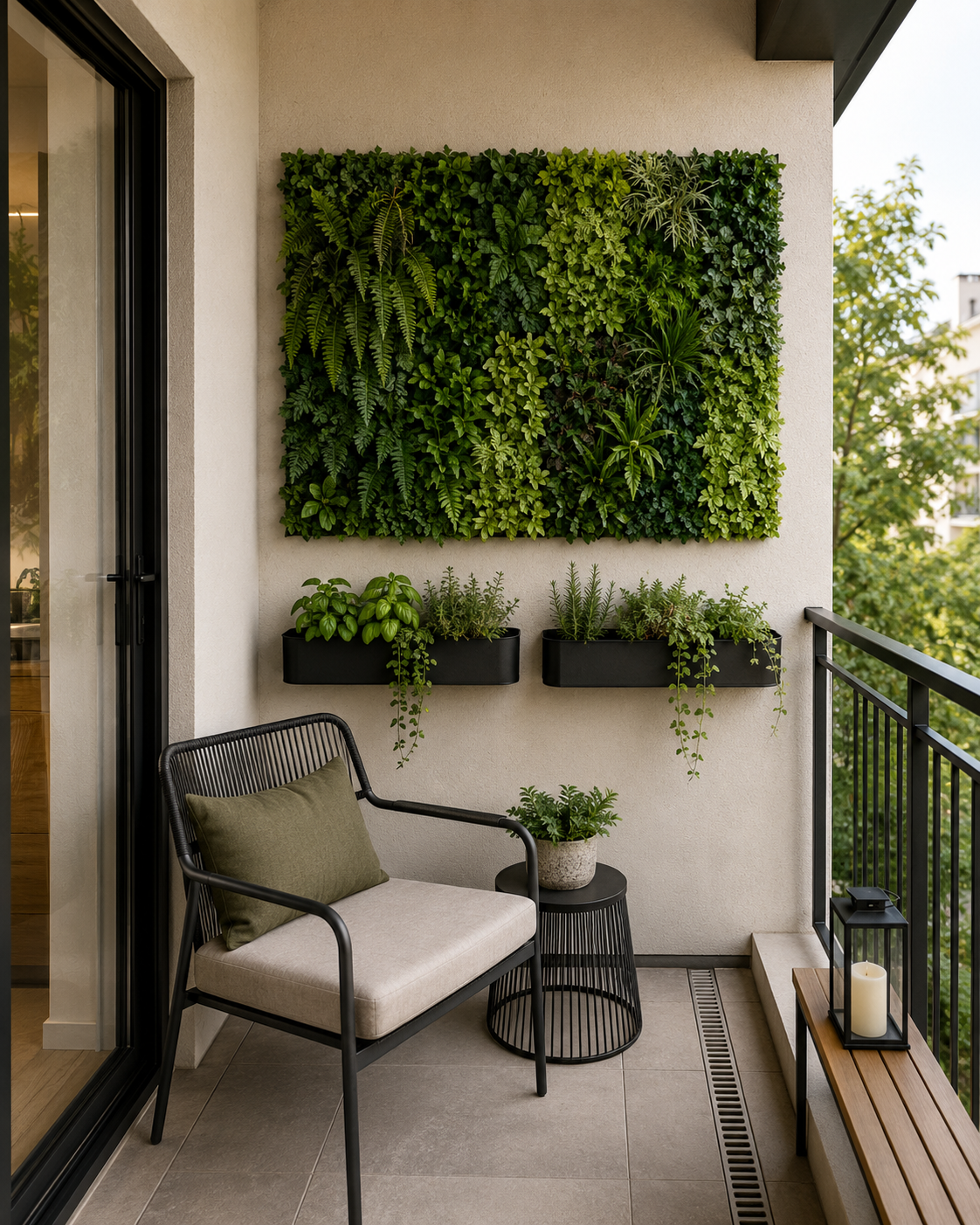Evening patio niche with black outdoor wall lights, coir wall planters and a small bistro seating area.