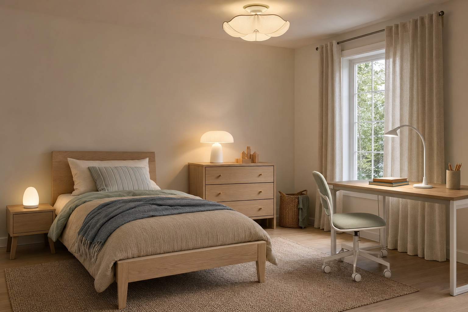 Kids bedroom with night light, table lamp, ceiling light and desk lamp arranged for sleep, play and study.