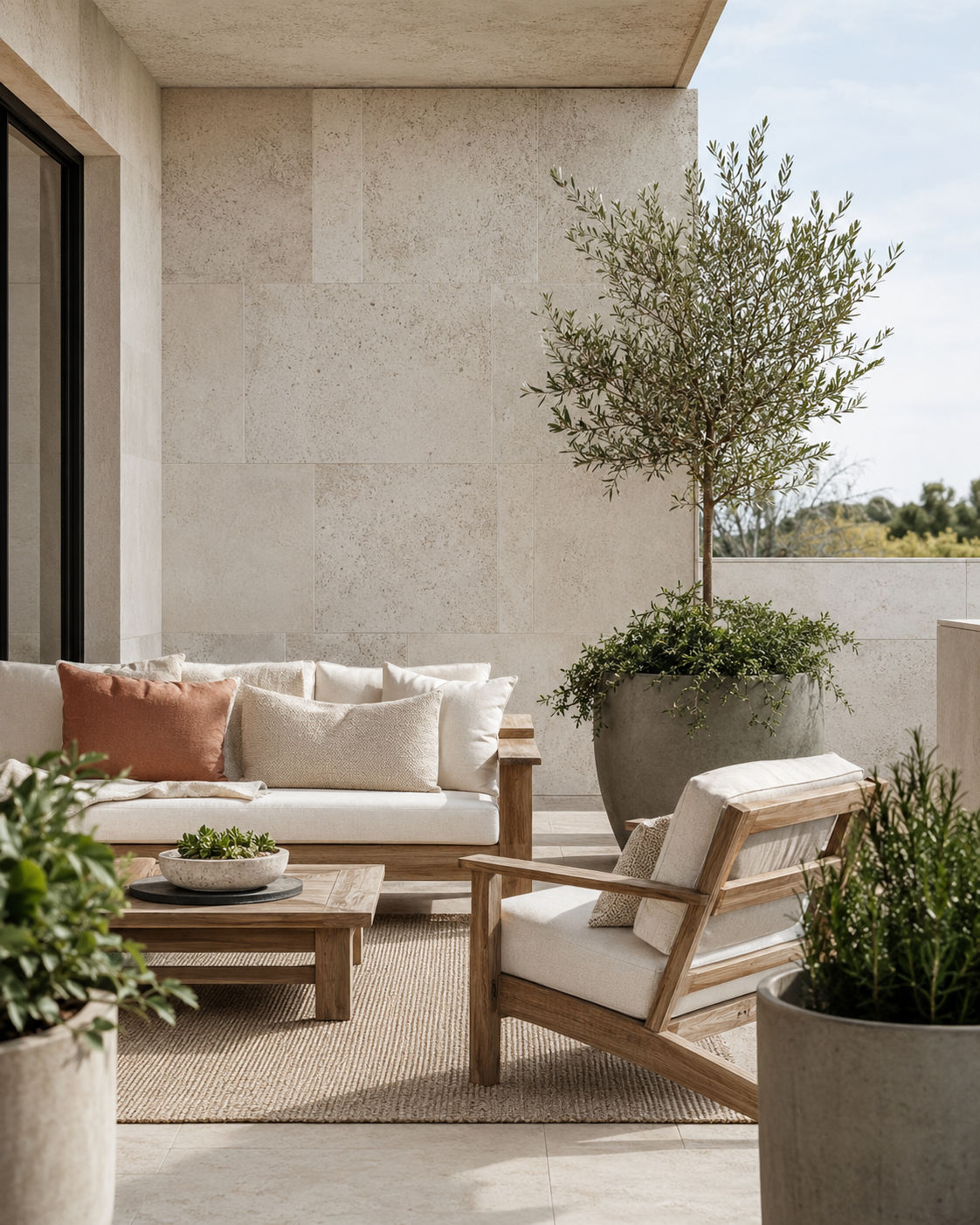 Limestone patio with cream outdoor seating, teak furniture, neutral rug and structured planters