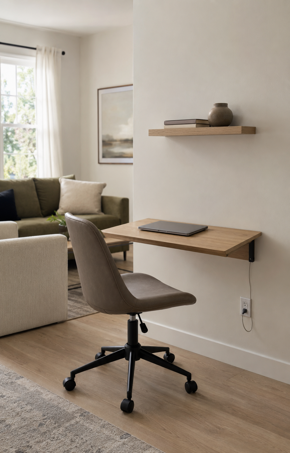 Room 7.8: Small Home Office Solutions - Ravnora Decor Wall-mounted oak desk and compact taupe office chair integrated beside a softly furnished living room.