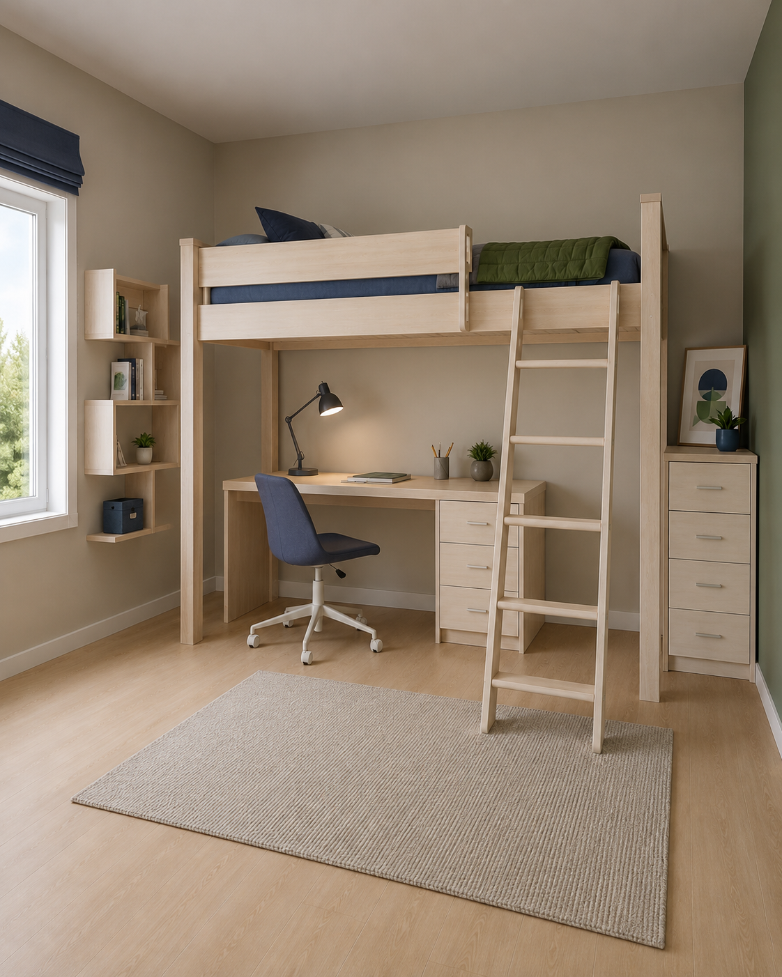 Bright kids room with a white loft bed, integrated study desk, book storage, drawer units and an open floor area.
