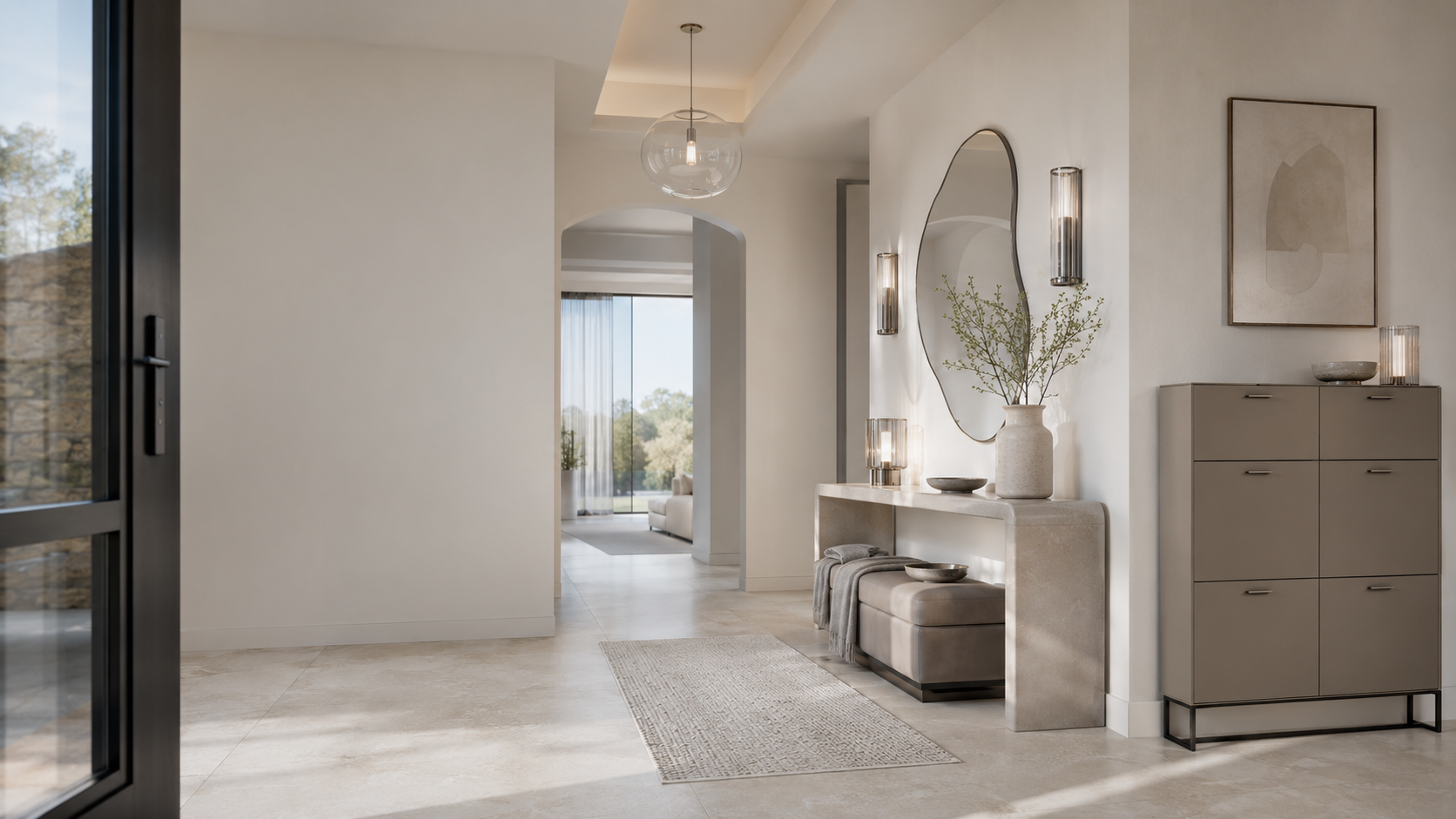 Modern luxury entryway with a sculptural mirror, stone console, storage ottoman, shoe cabinet and layered lighting
