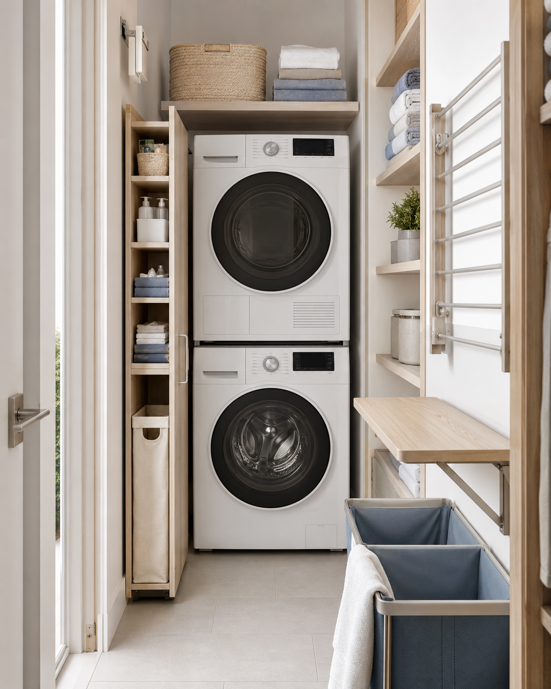 Small laundry room with compact storage, front-loading machines and space-saving organization