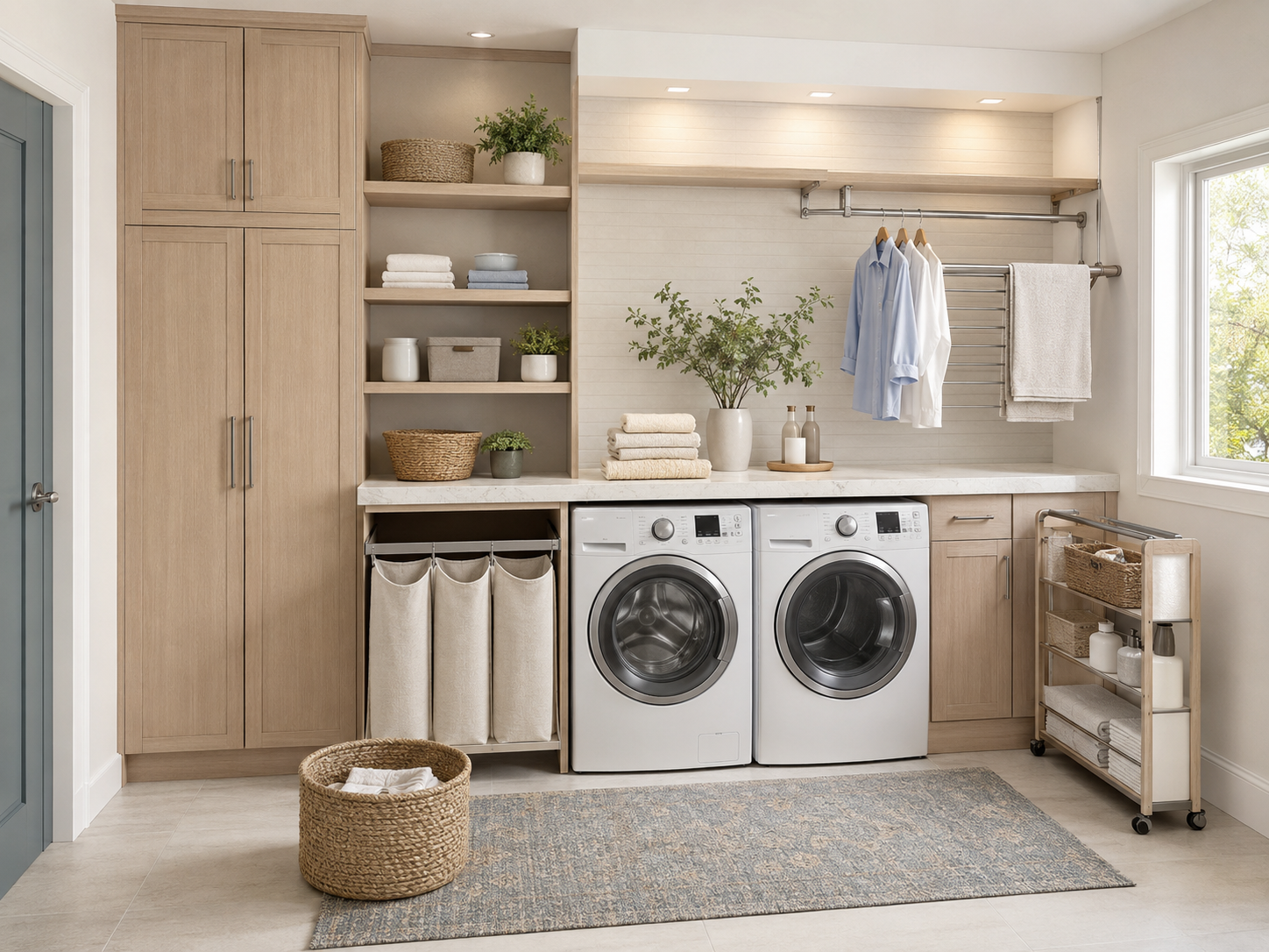 Complete laundry room organization layout showing storage, shelving, hampers, lighting and clear work zones