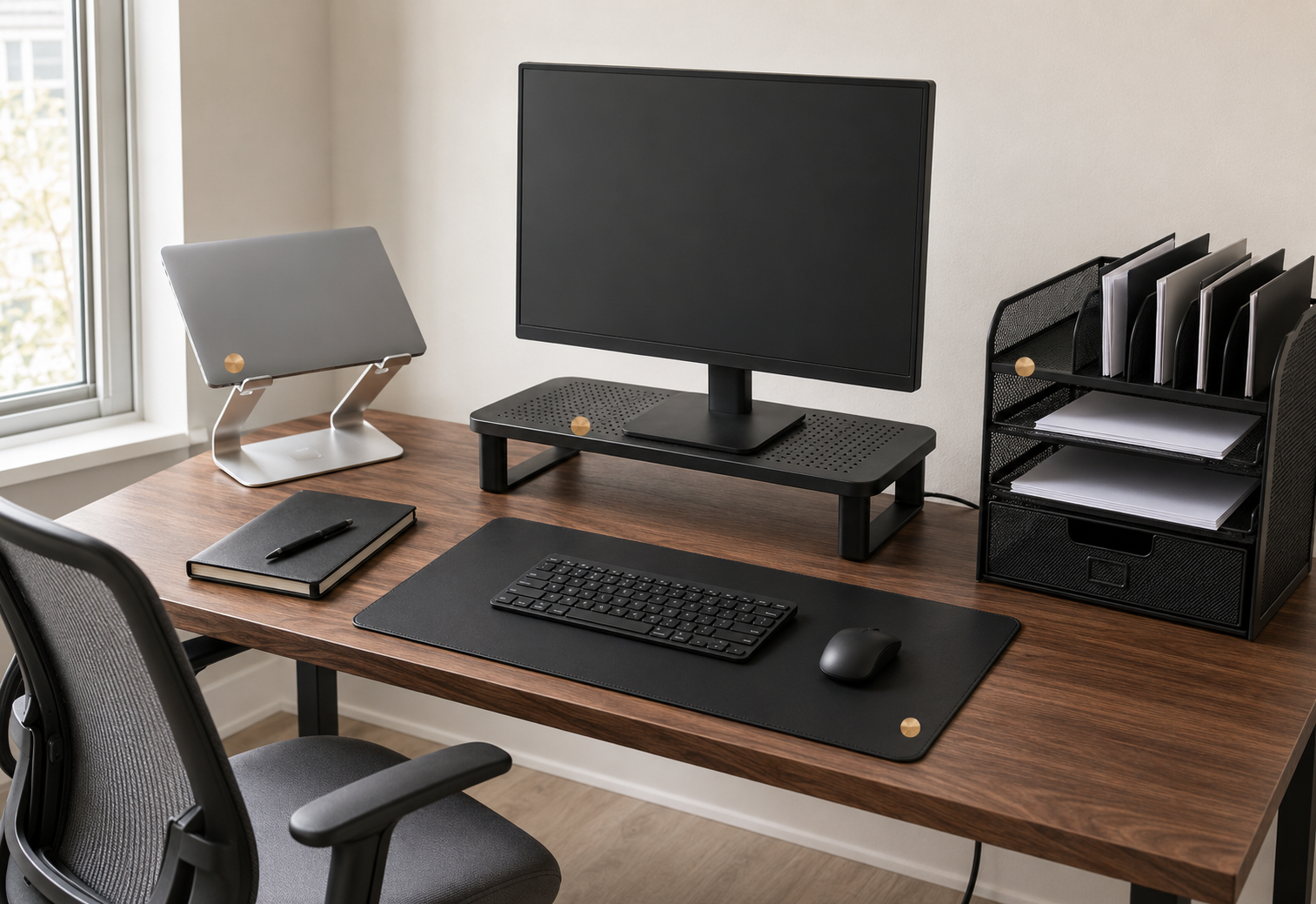 Home office desk accessories arranged with a monitor riser, laptop stand, desk mat and paper organizer.
