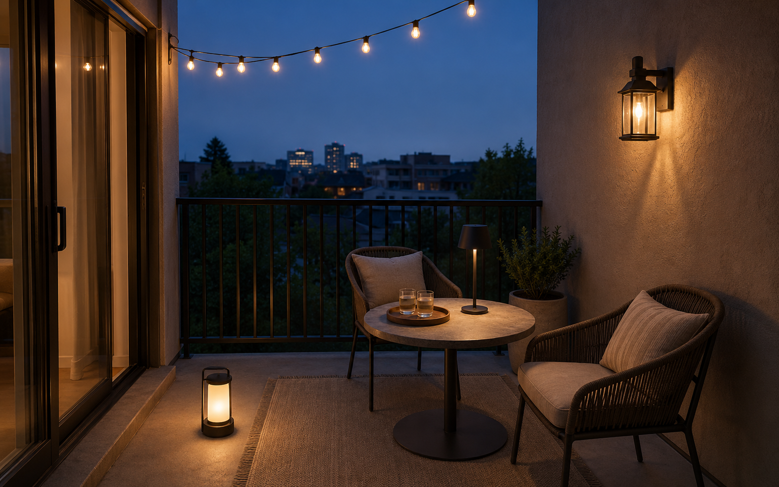Balcony lighting arrangement with warm string lights, outdoor wall light, table lamp and portable lantern.