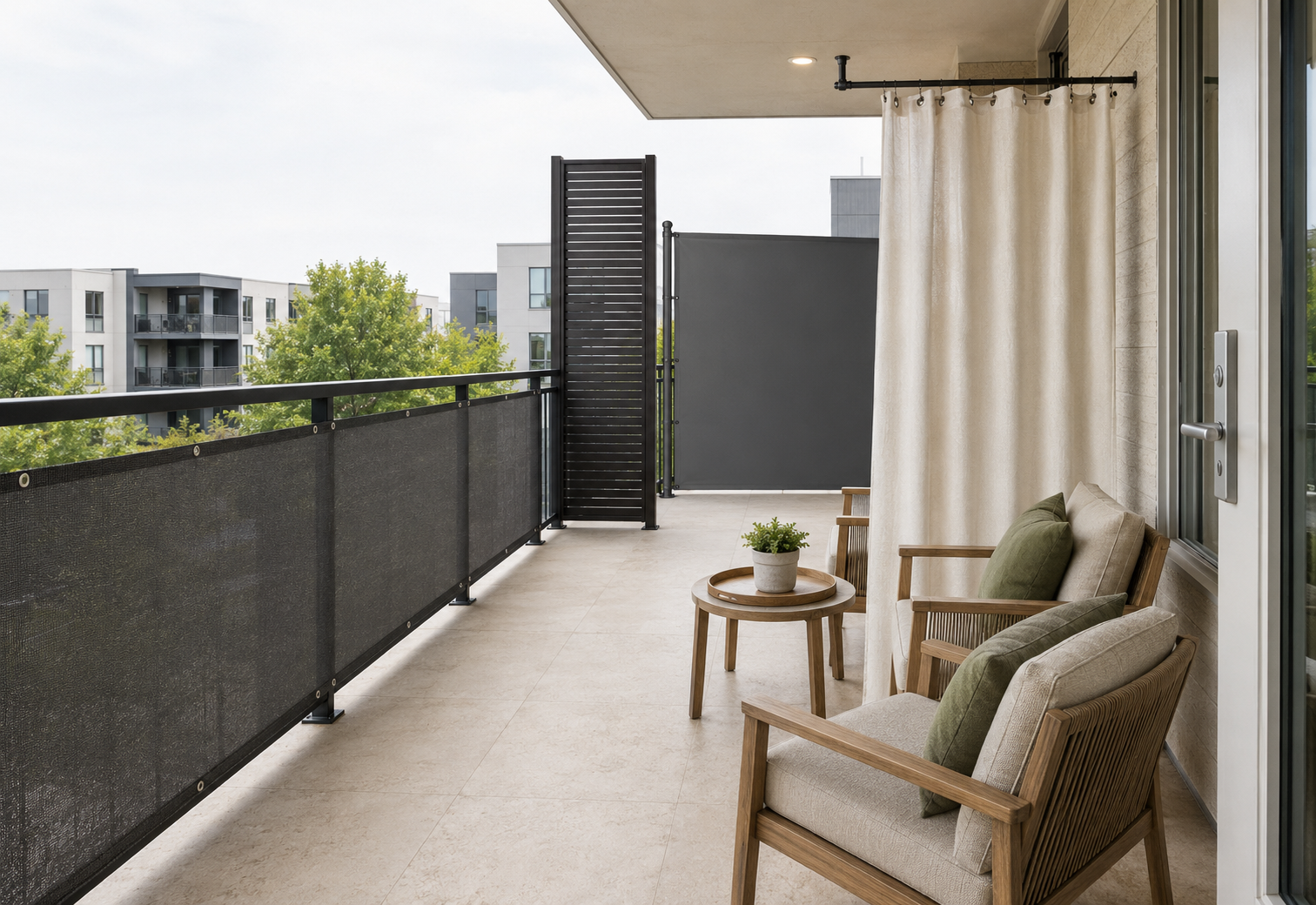 Long apartment balcony with mesh railing privacy, a slatted panel, cream curtain and retractable side privacy screen.
