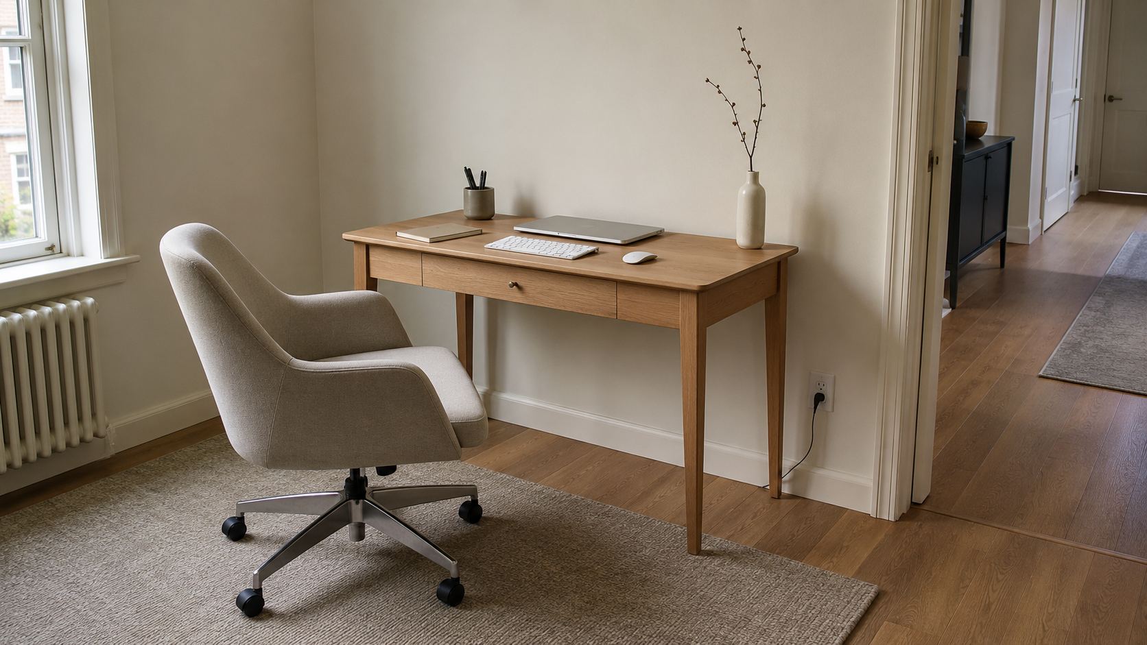 Natural oak home office desk with a laptop, writing space, pulled-back chair and clear walkway beside a window