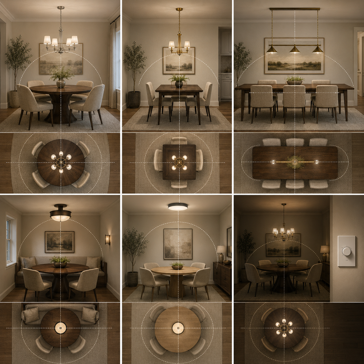 Dining room lighting comparison board showing chandeliers and ceiling lights aligned with round, square and rectangular dining tables