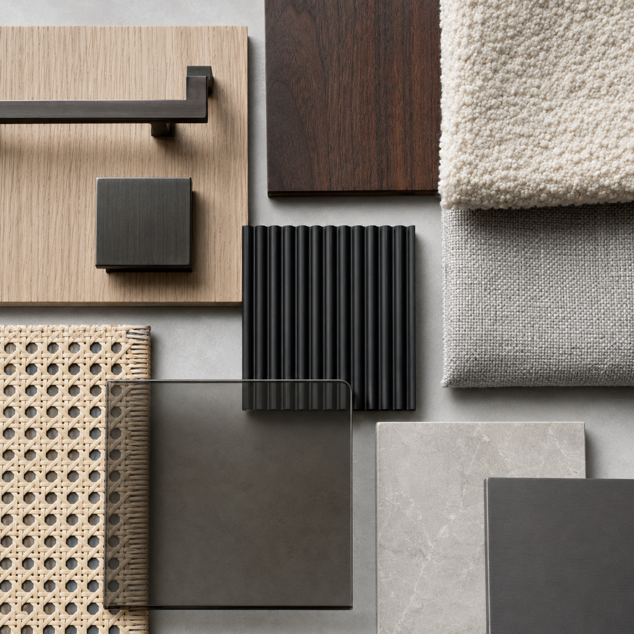 Oak, walnut, bouclé, woven fabric, cane, smoked glass and black metal furniture samples