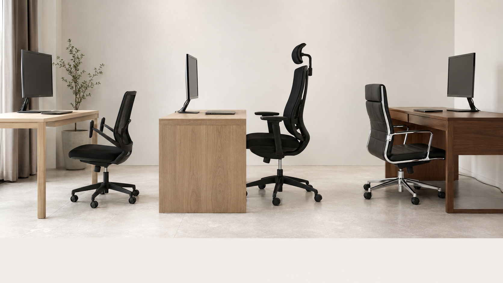 Side-by-side comparison of low-back mesh, high-back ergonomic and padded desk chairs at three workstations.