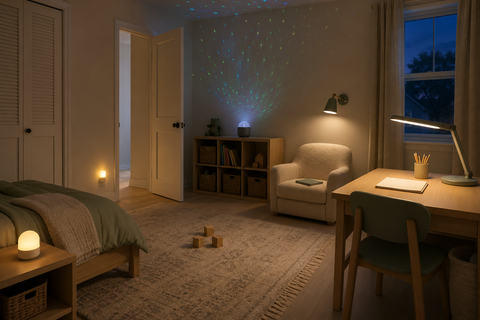 Kids room showing separate lighting zones for bedtime, navigation, play, reading and homework.