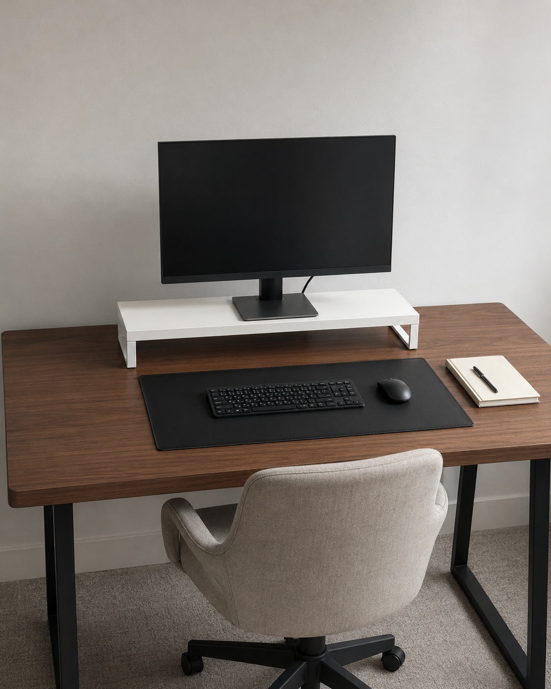 Minimal walnut office desk with a white monitor stand, black desk mat, keyboard and neutral upholstered chair.