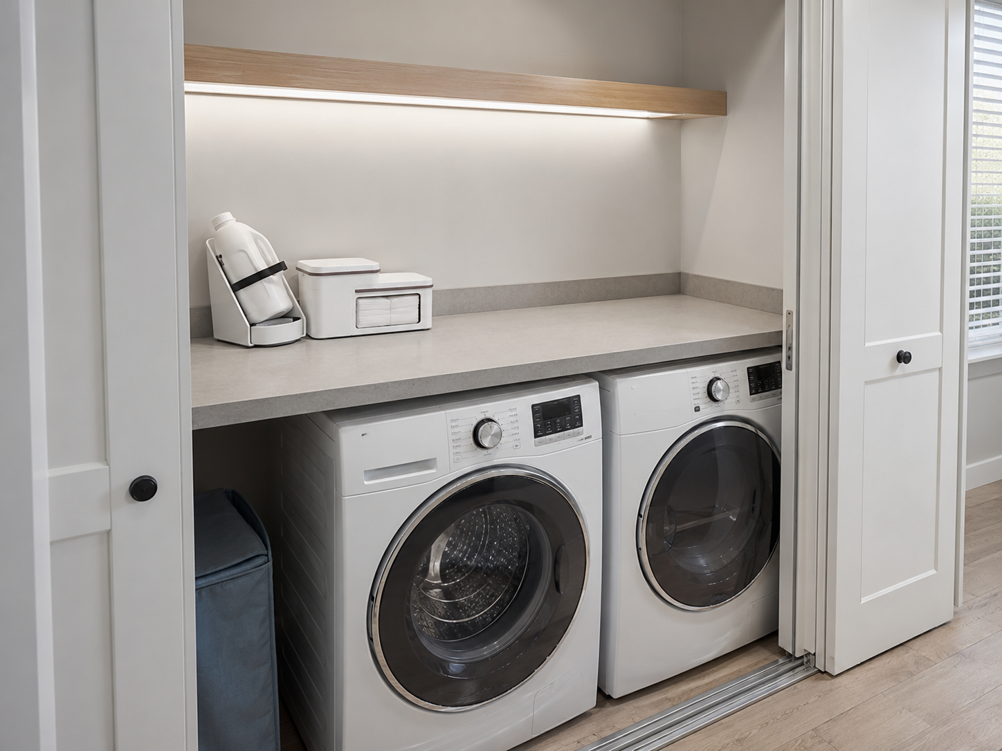 Compact apartment laundry closet with two countertop organisers and a mostly clear folding surface above front-loading machines.