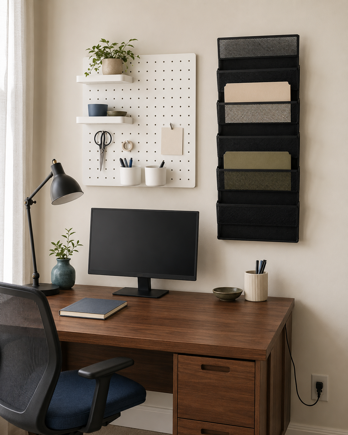 Walnut workspace with a white utility pegboard and black mesh wall organizer for tools, stationery and folders.