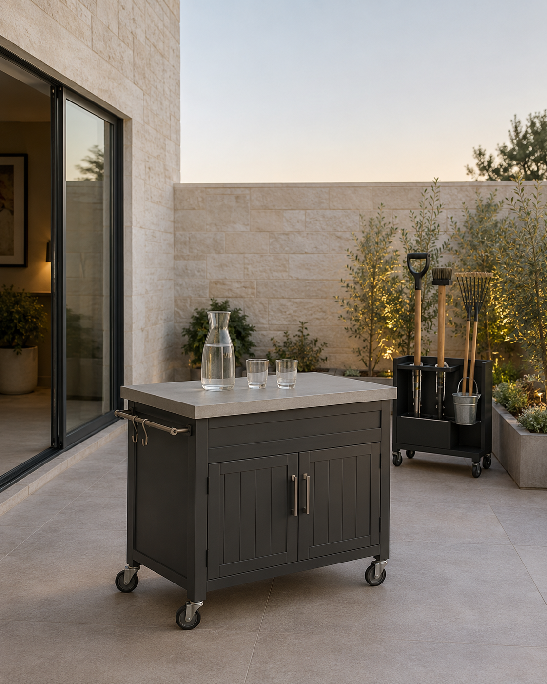Wheeled outdoor preparation cart with a water carafe and glasses beside a separate rolling garden-tool organiser.