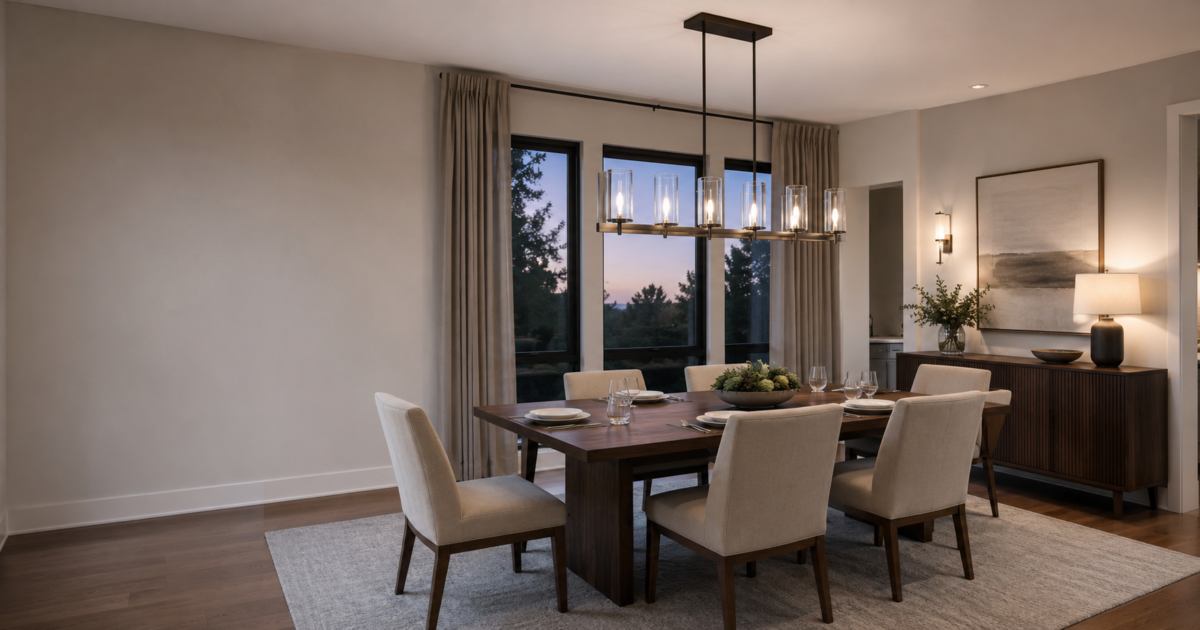 Modern dining room with a linear glass chandelier above a walnut table in a softly illuminated evening setting