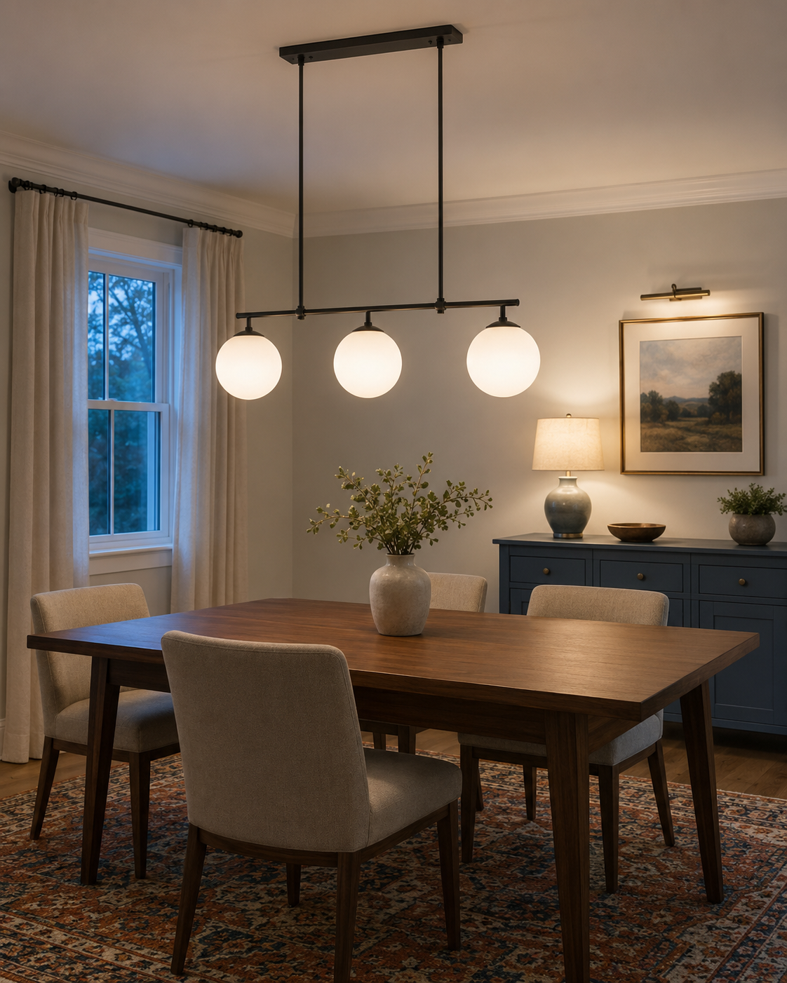 Dining room with a three-globe pendant, buffet lamp and picture light creating layered illumination