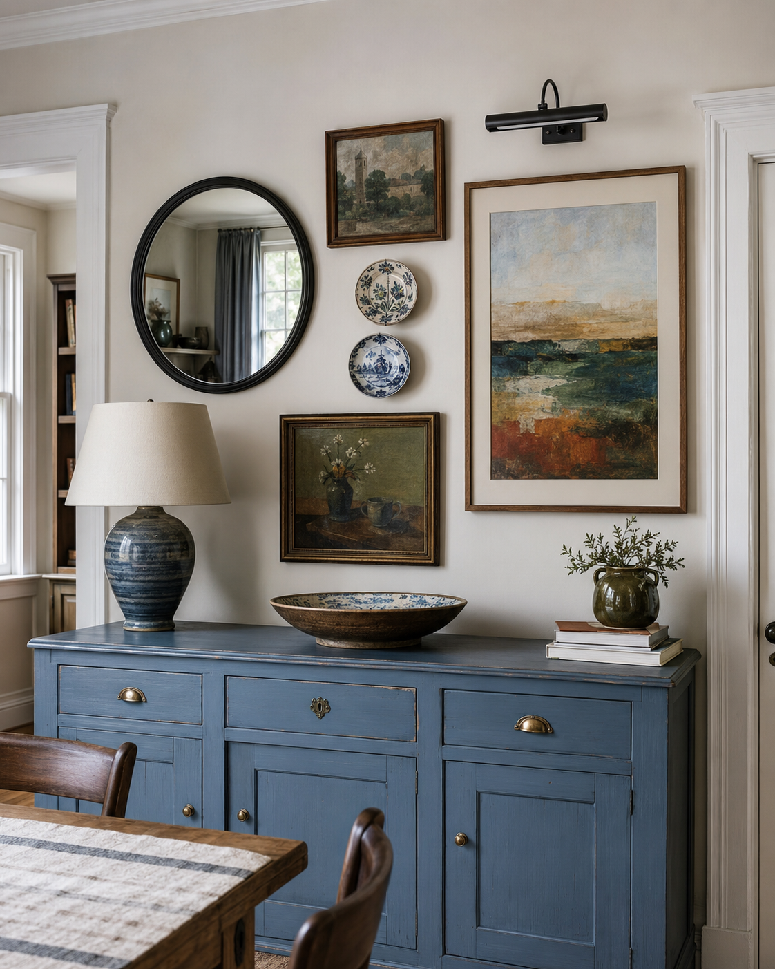 Dining room wall with a round mirror, collected artwork, ceramic plates, picture light and blue sideboard