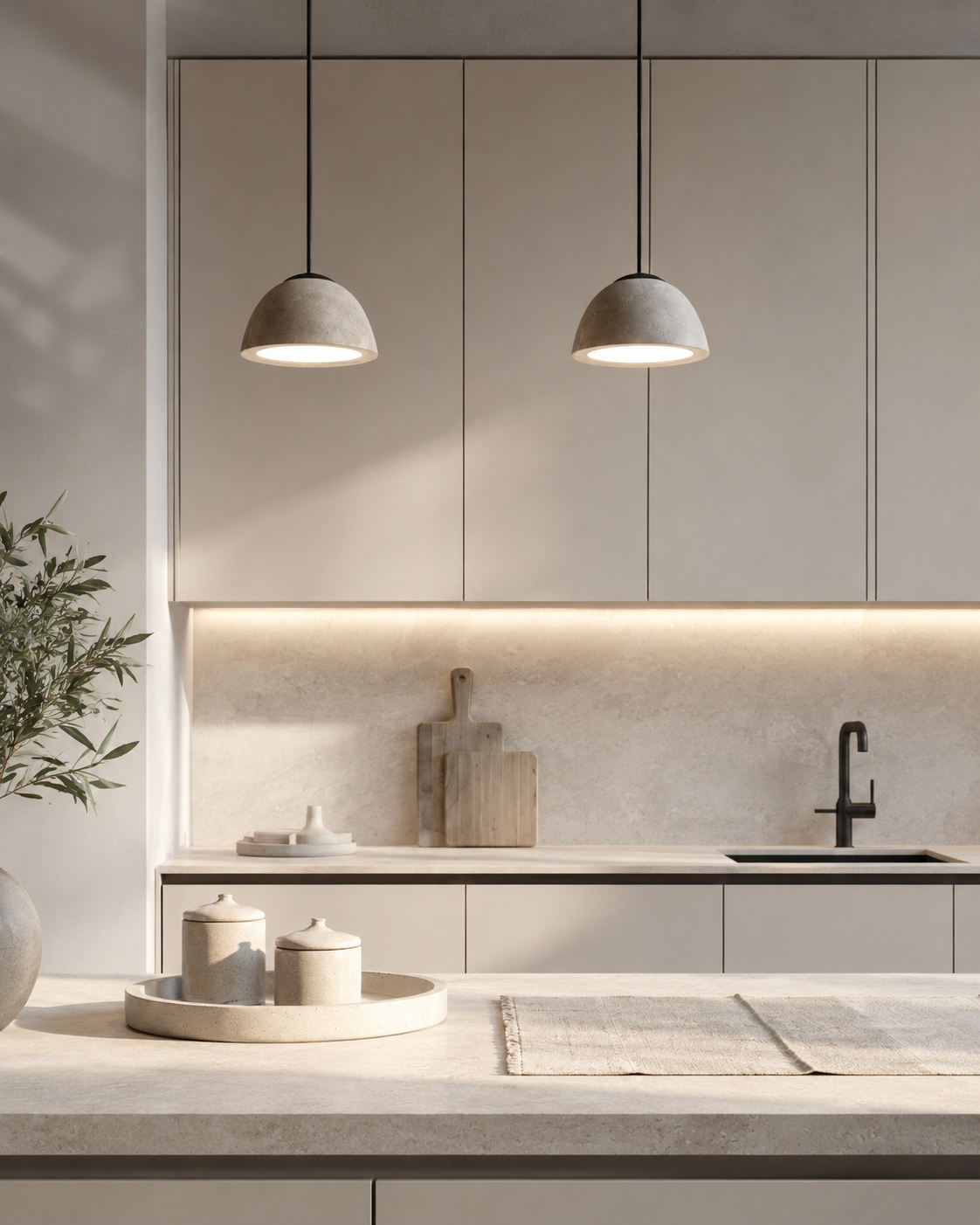 Modern neutral kitchen with ivory cabinetry, soft stone countertop, pendant lighting, matte black accents, and styled counter decor