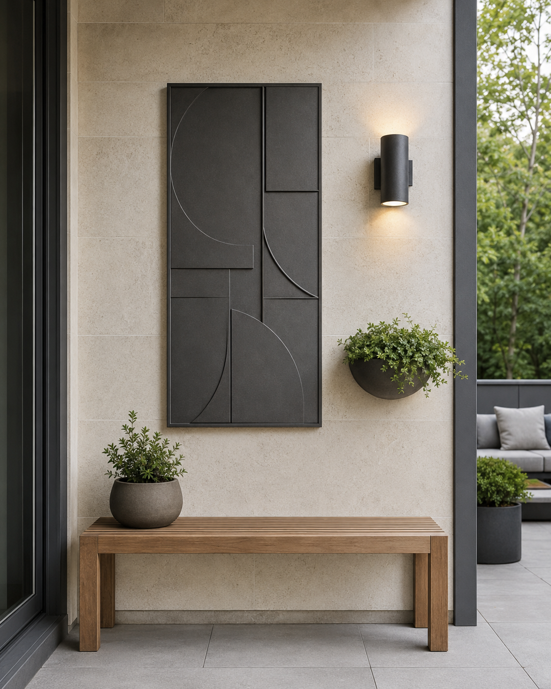Patio wall decor with an abstract charcoal panel, wall planter, exterior sconce and teak bench