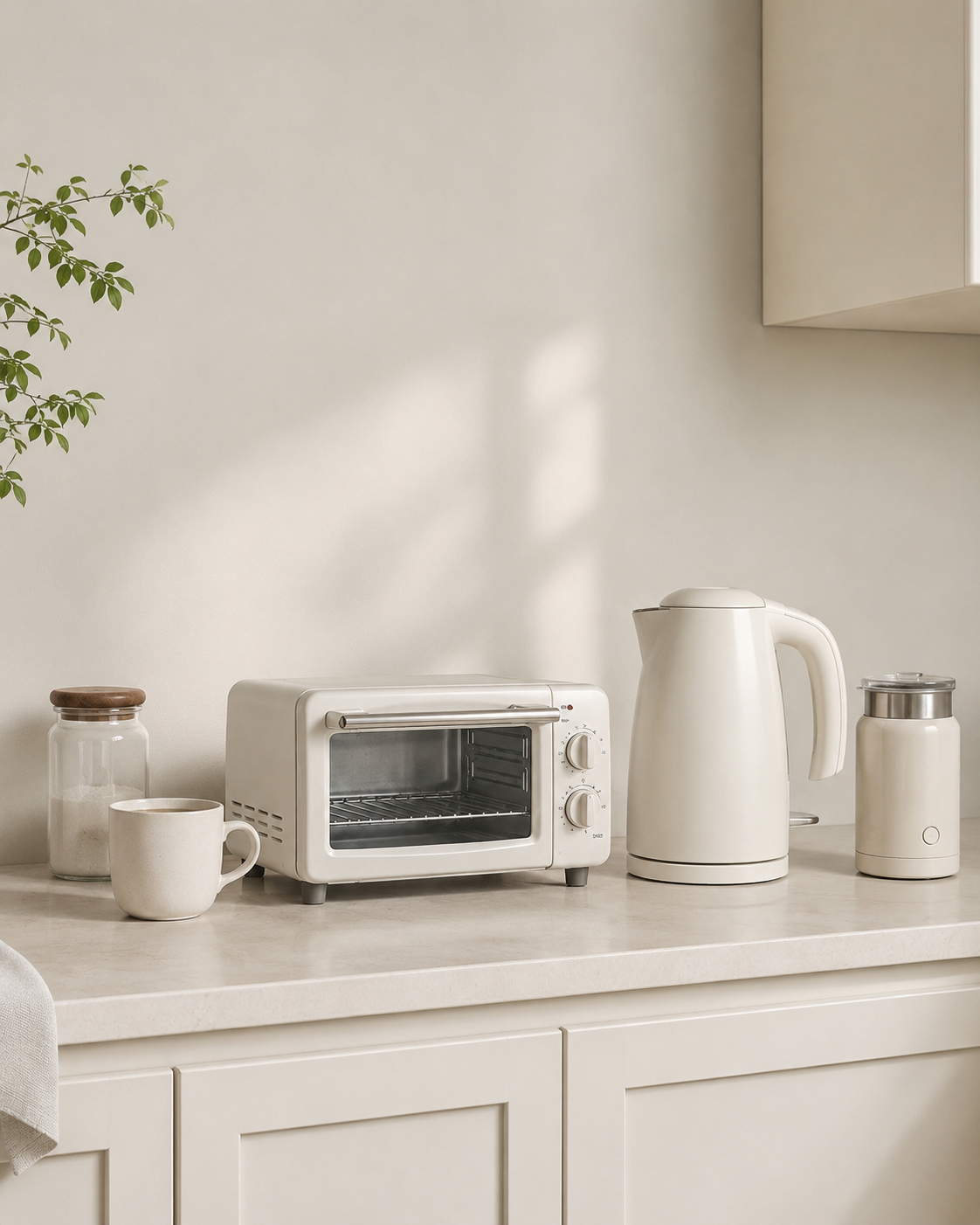 Morning kitchen counter setup with toaster oven, electric kettle and milk frother in a soft neutral kitchen
