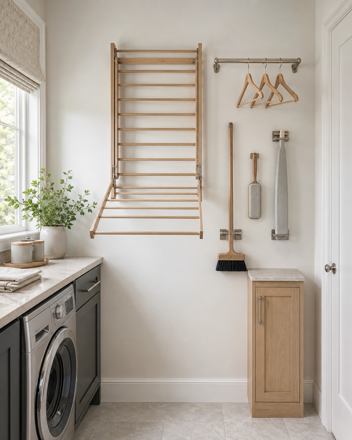 Laundry room wall organization with a hanging rail, hooks, drying rack and neatly stored cleaning tools