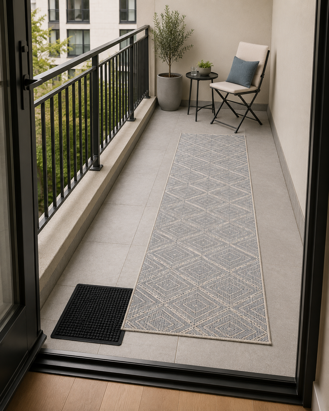 Blue-grey outdoor runner placed along a narrow balcony with a clear walking lane beside it.