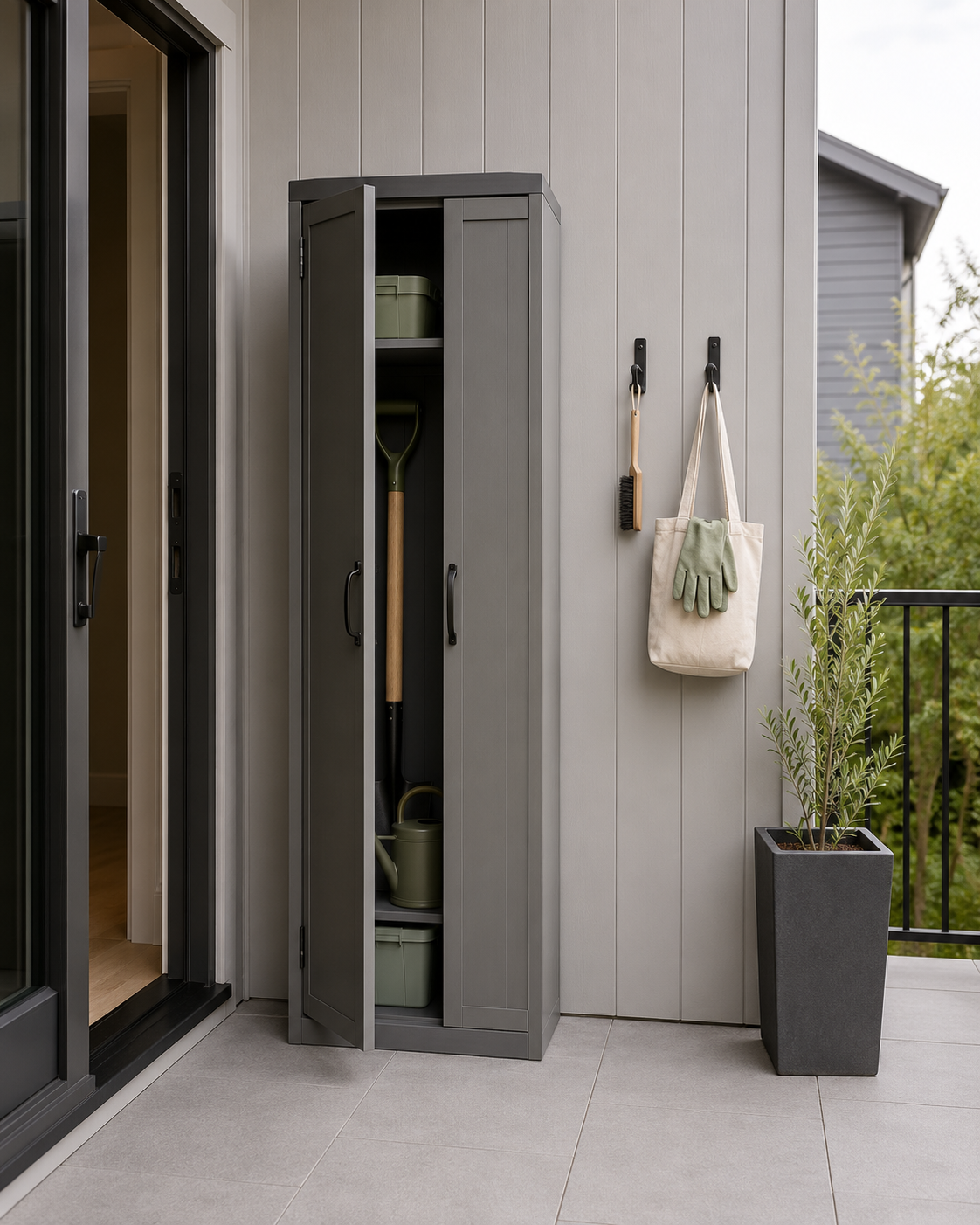 Tall narrow outdoor cabinet beside an open patio door with garden tools, storage containers and lightweight accessories on wall hooks.