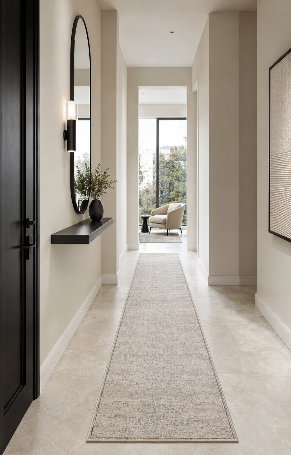 Narrow modern entryway with a slim neutral runner and black-framed mirror