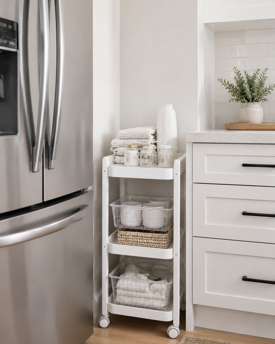 Narrow gap small kitchen storage setup with slim rolling cart between cabinet and refrigerator for compact kitchen organization