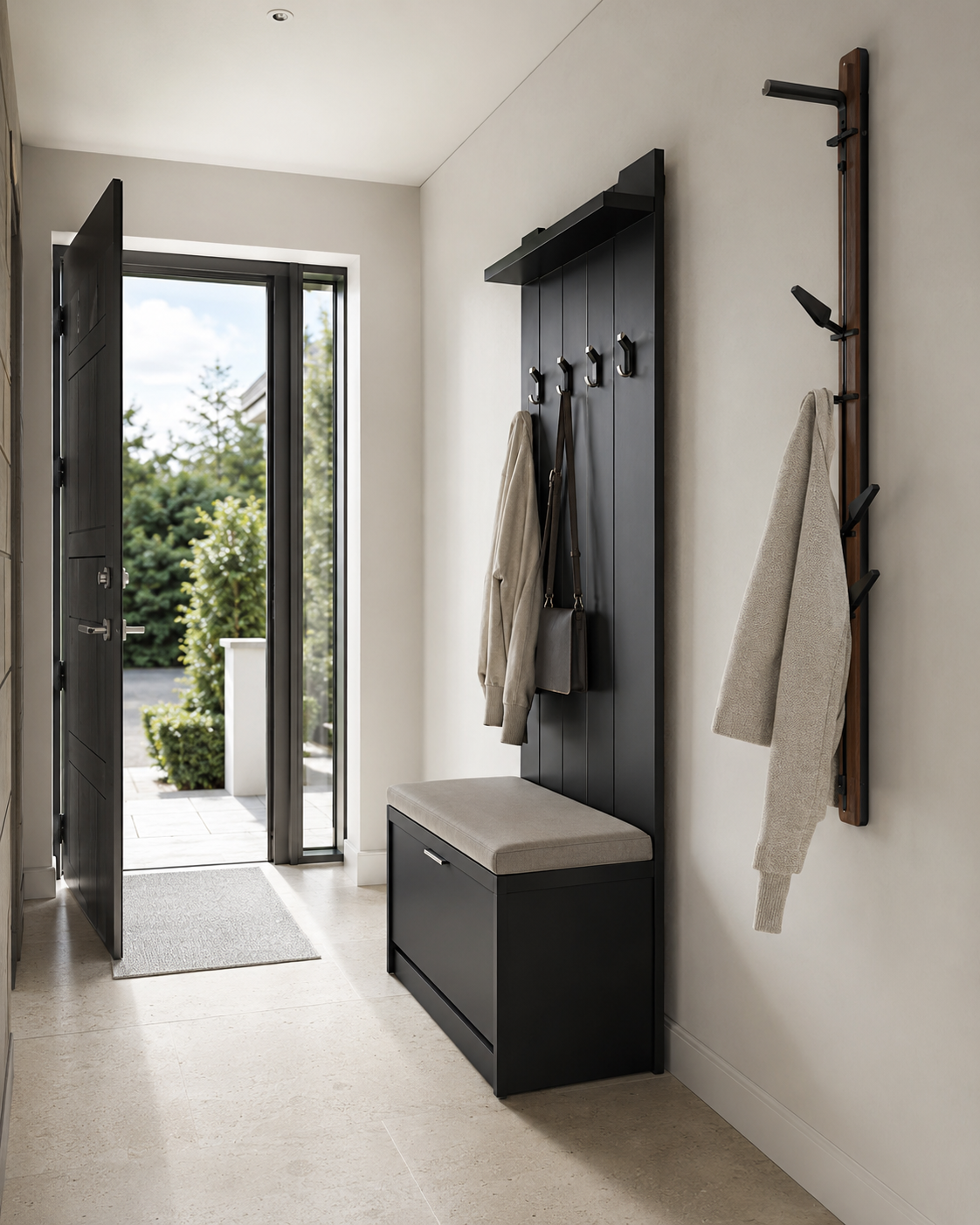 Narrow modern hallway with black storage bench, coat rack and vertical wooden wall hooks