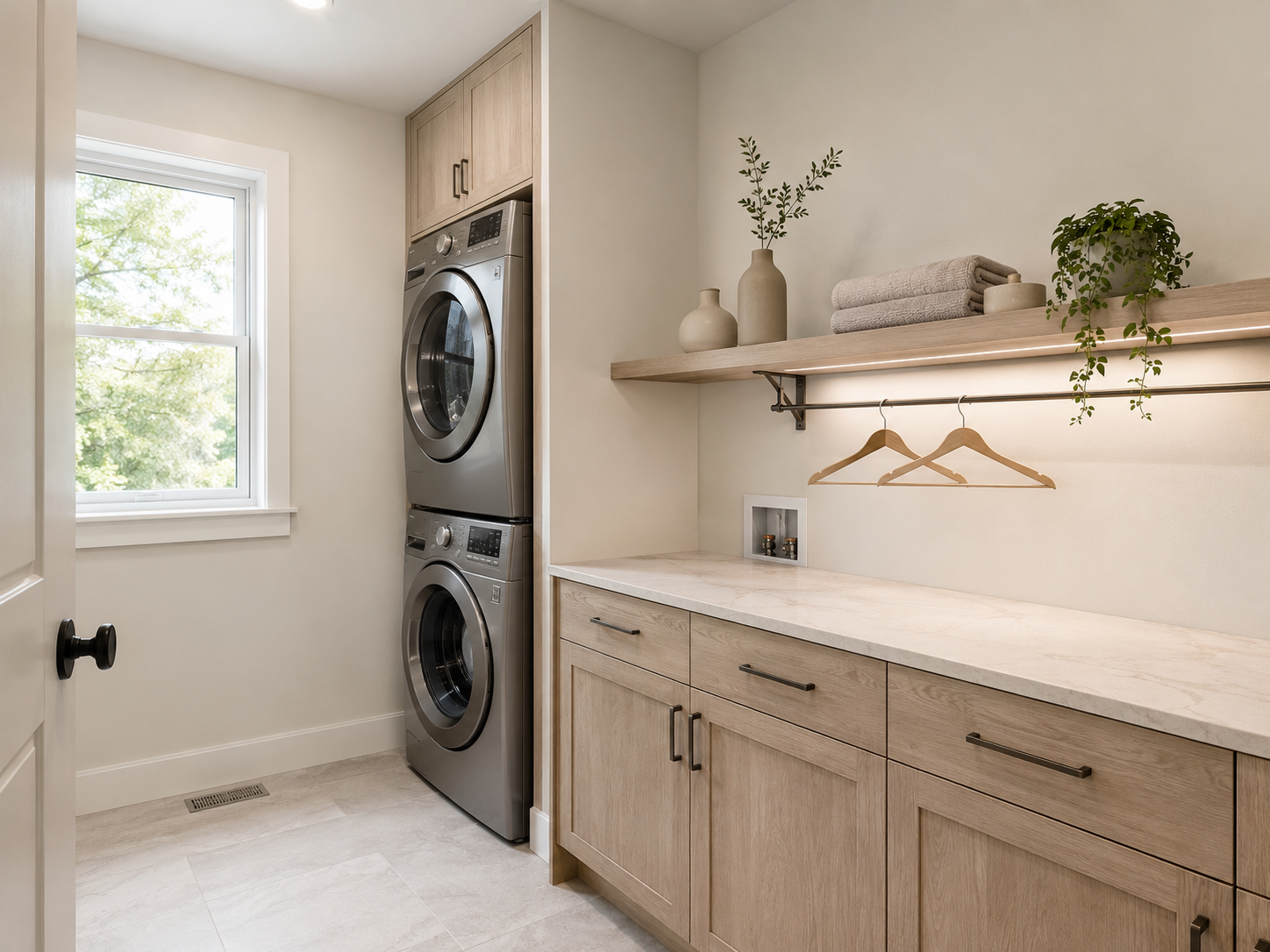 Pale oak laundry room with stacked appliances, neutral ceramic vases and one trailing faux plant
