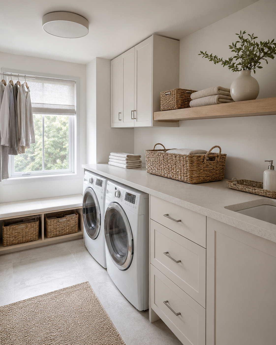 Room 910: Laundry Room Organization - Ravnora Decor Naturally styled laundry room with pale oak shelving, woven baskets and warm neutral storage