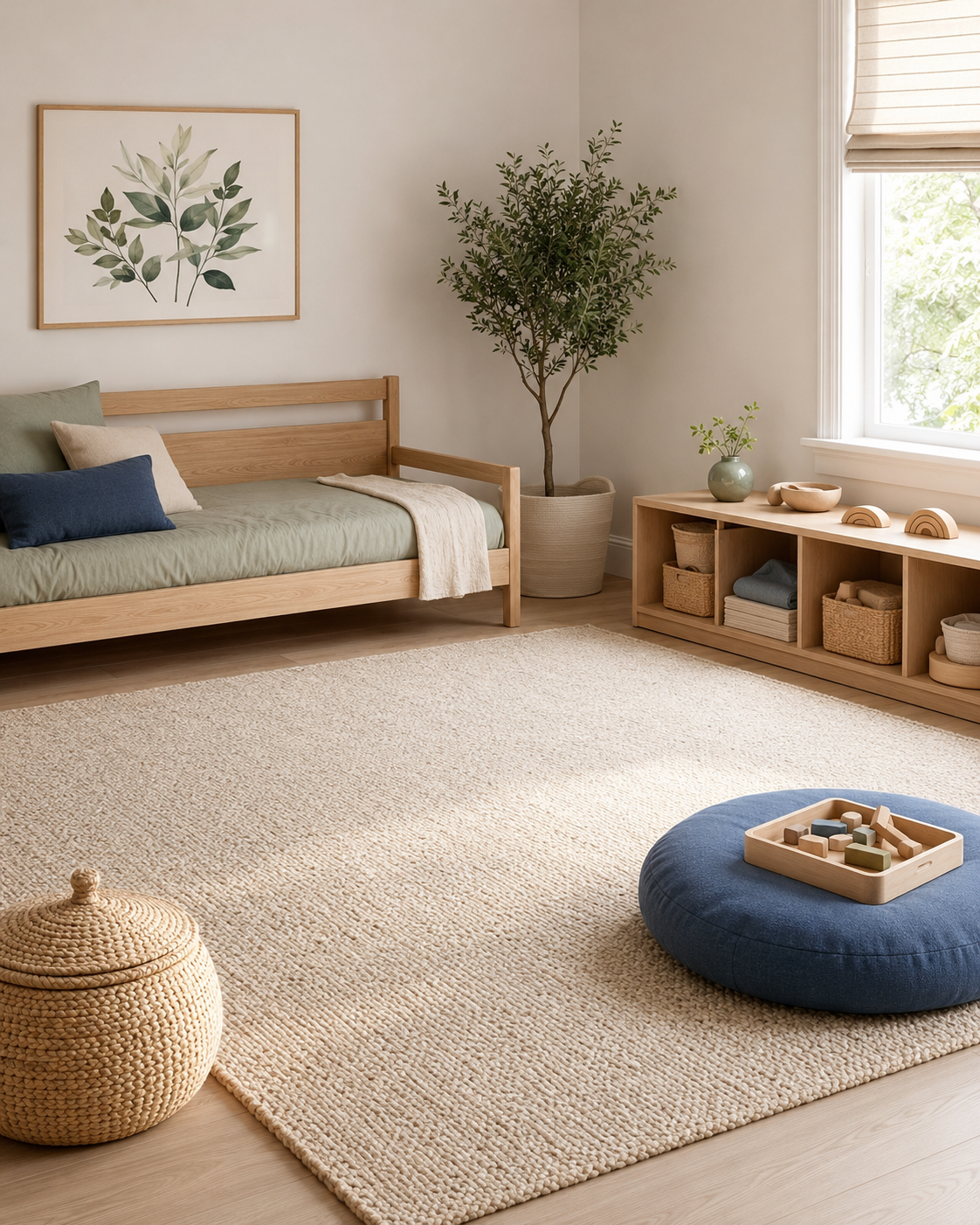Nature-inspired kids room with sage bedding, pale oak furniture, botanical artwork and woven storage