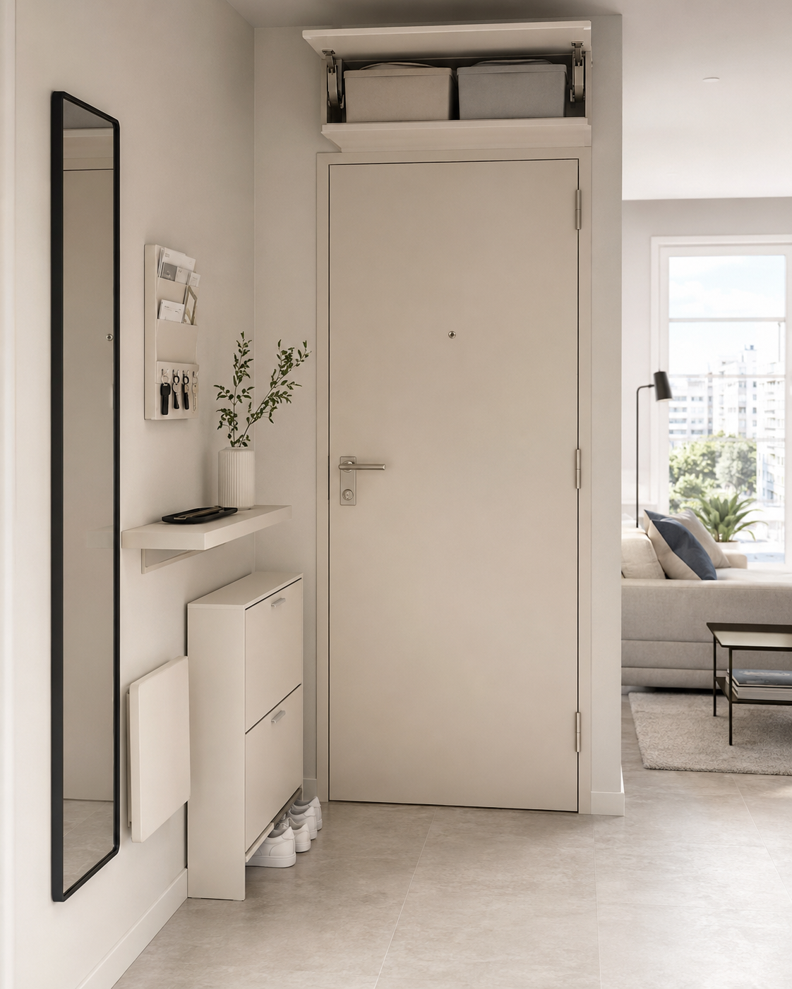 No-foyer apartment entryway solution with slim shoe cabinet, mirror and wall storage